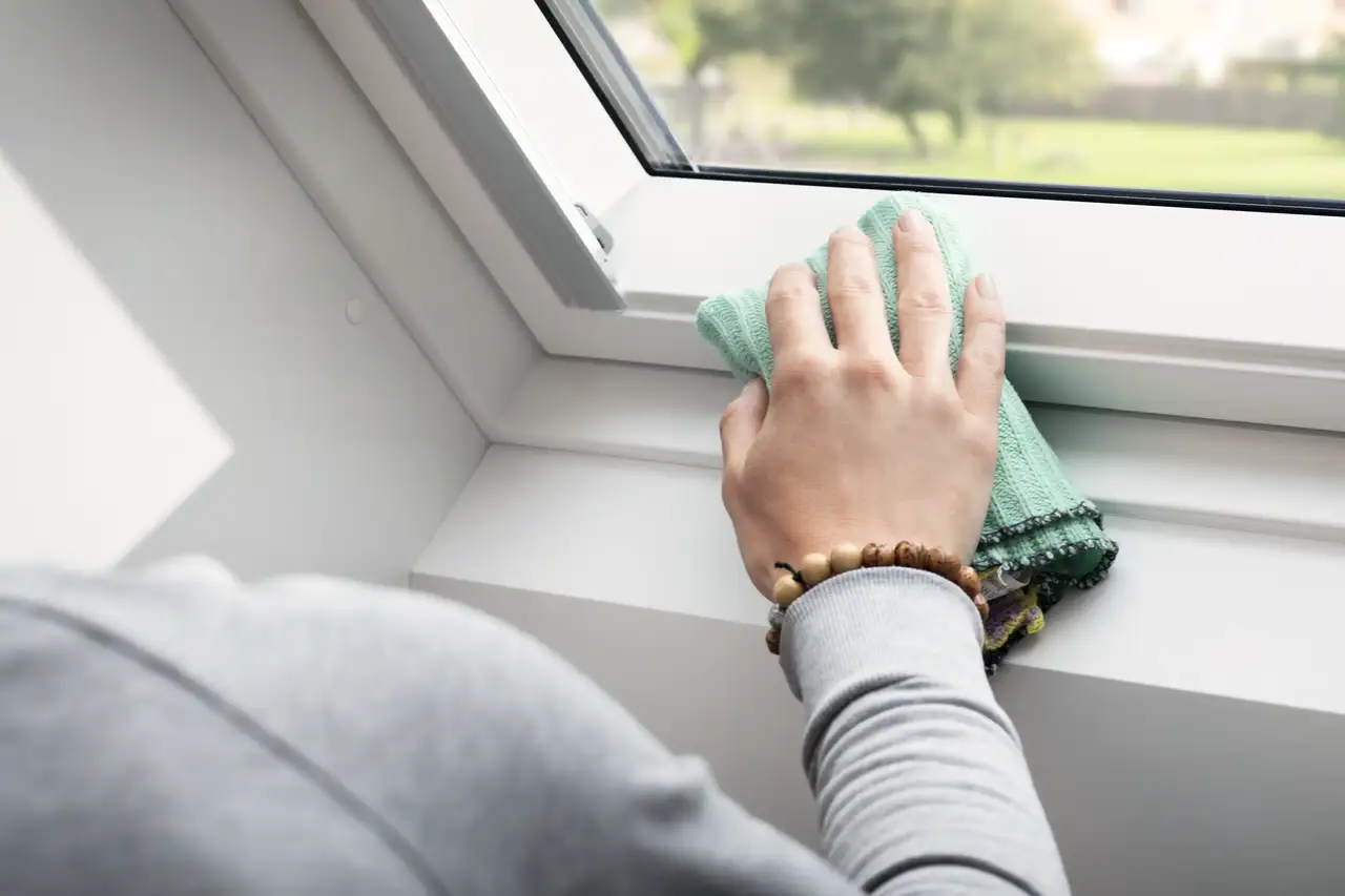 Osoba czyszcząca sufit okna VELUX szmatką.