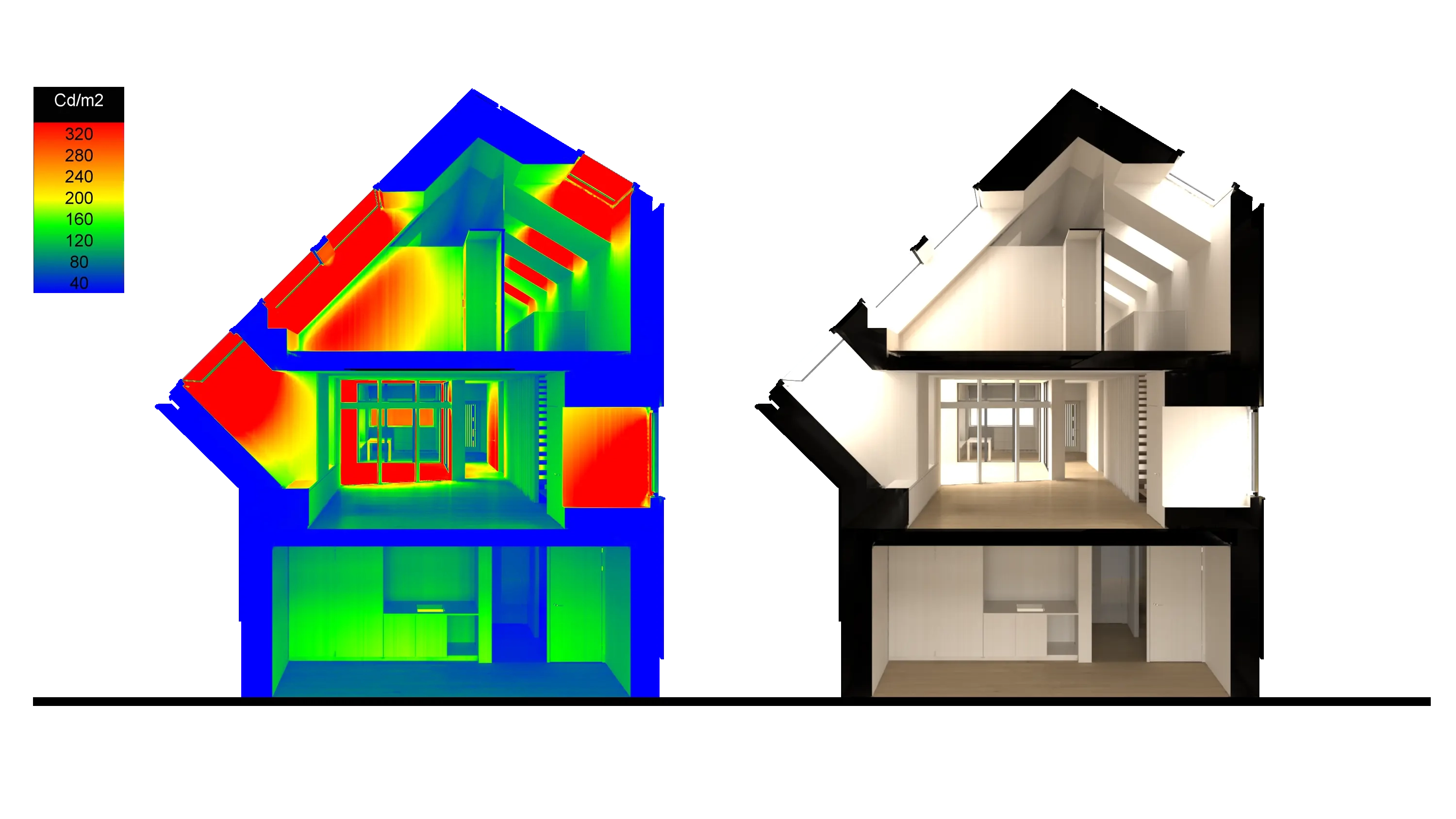 Cross-section of a modern house with light distribution and architectural details.