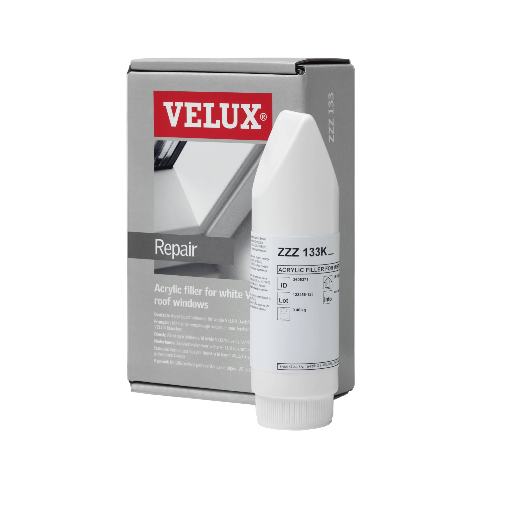 VELUX acrylic filler for white roof windows, includes bottle and box.