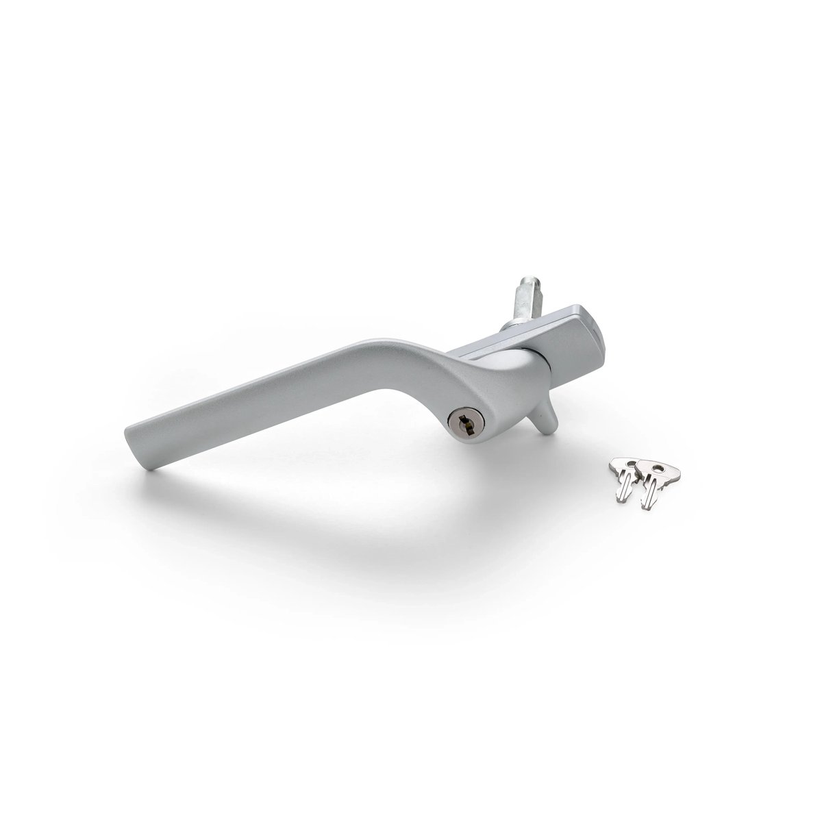 Silver window handle with two keys, ergonomic design for secure locking.