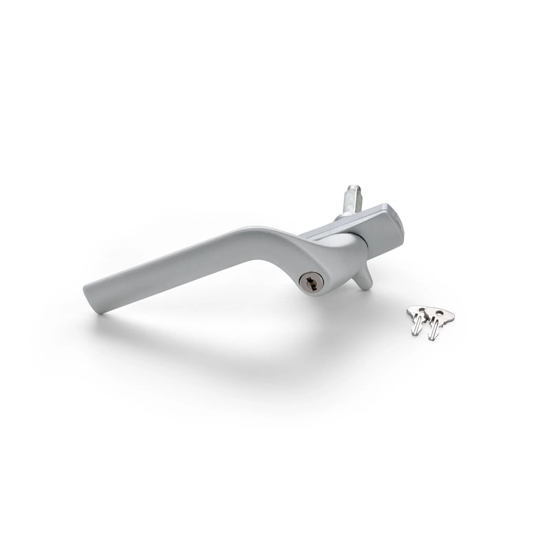 Silver window handle with two keys, ergonomic design for secure locking.