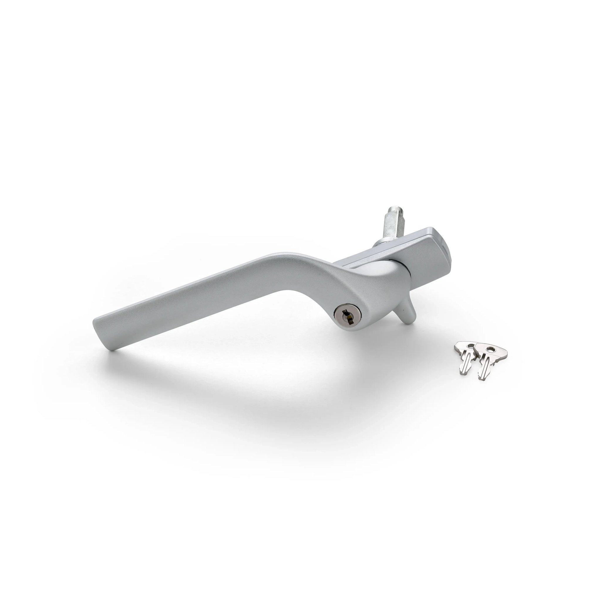 Silver window handle with two keys, ergonomic design for secure locking.