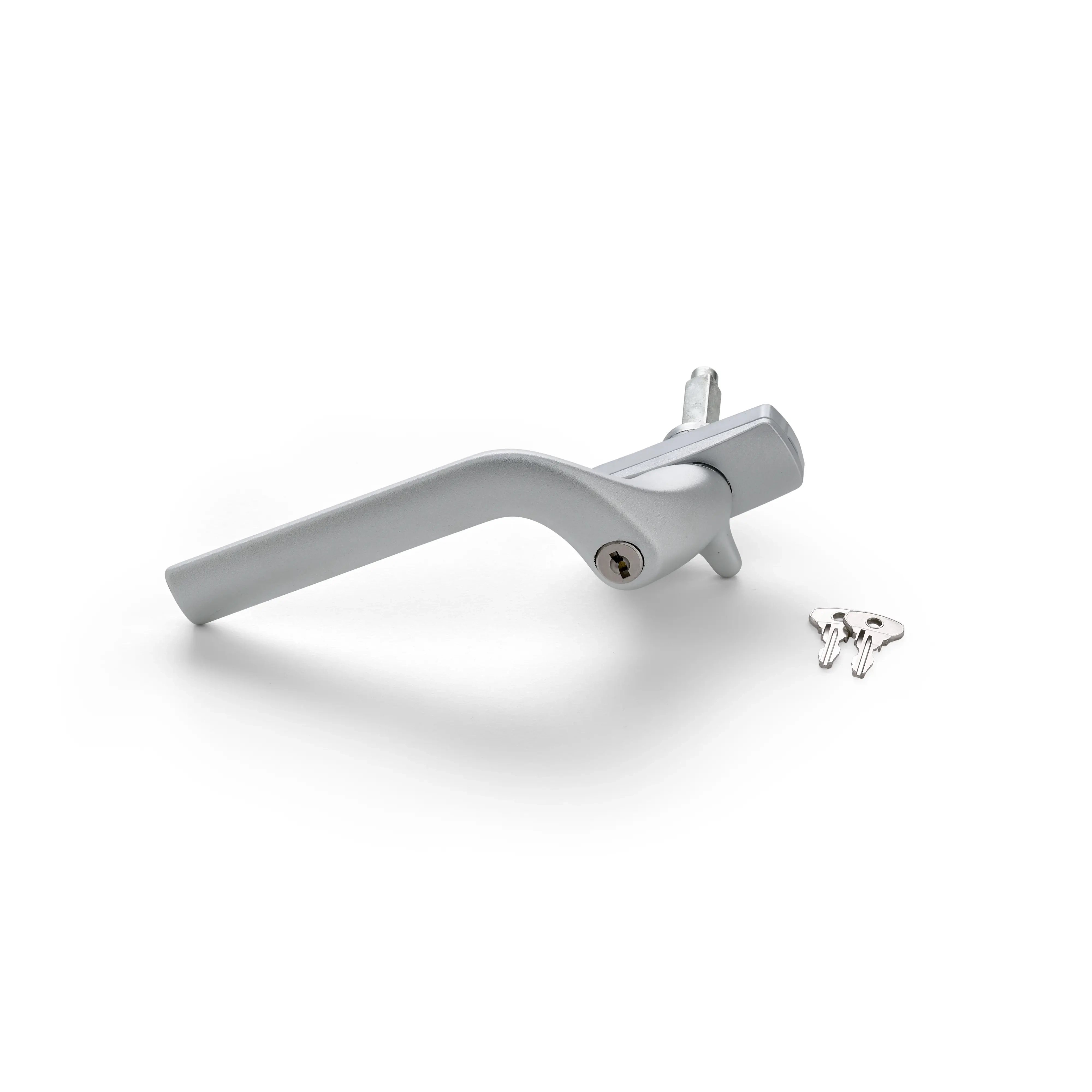 Silver window handle with two keys, ergonomic design for secure locking.