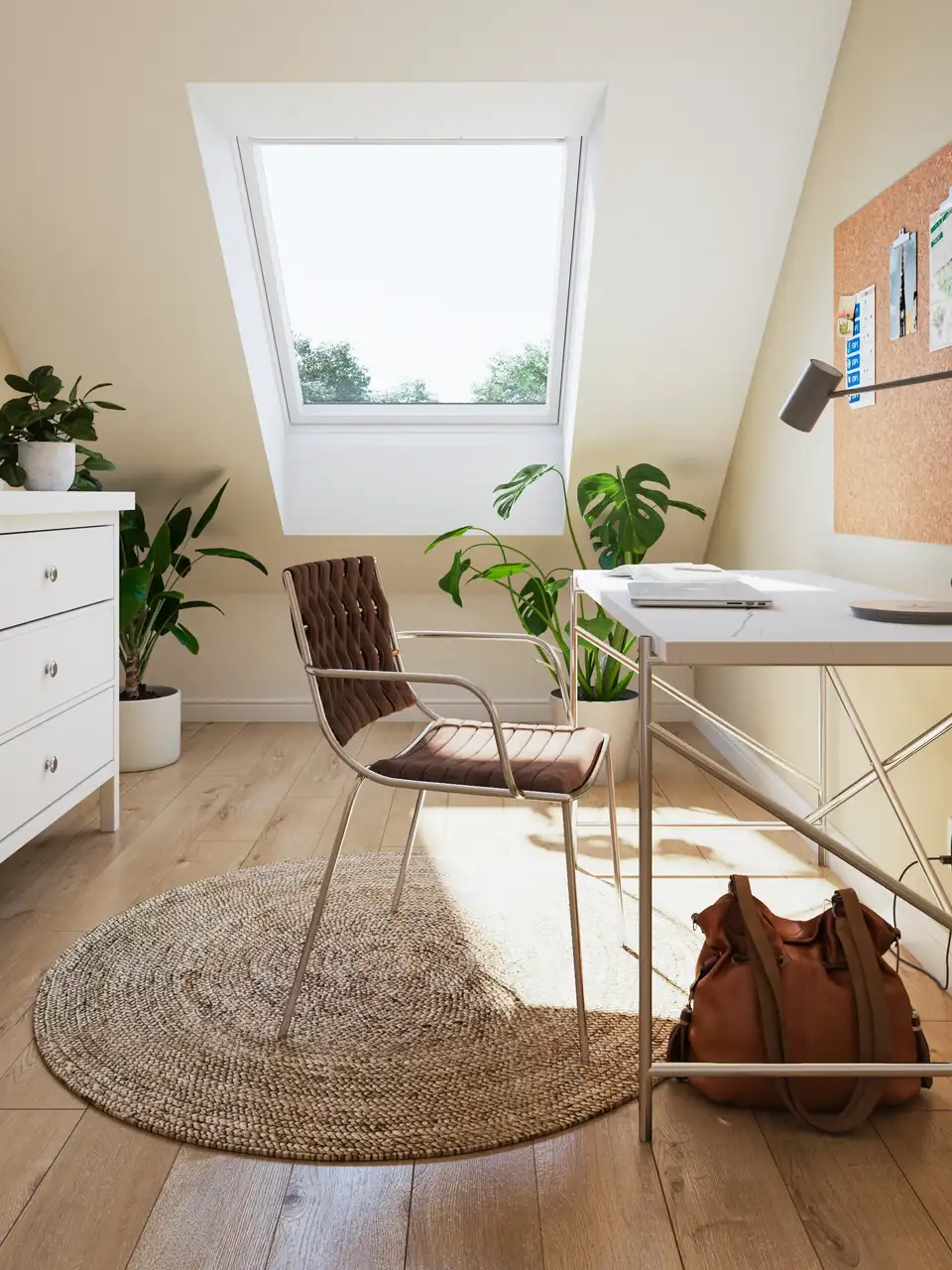 Home office in mansarda con arredamento e pareti dai colori chiari e luce naturale che proviene di una finestra per tetti
