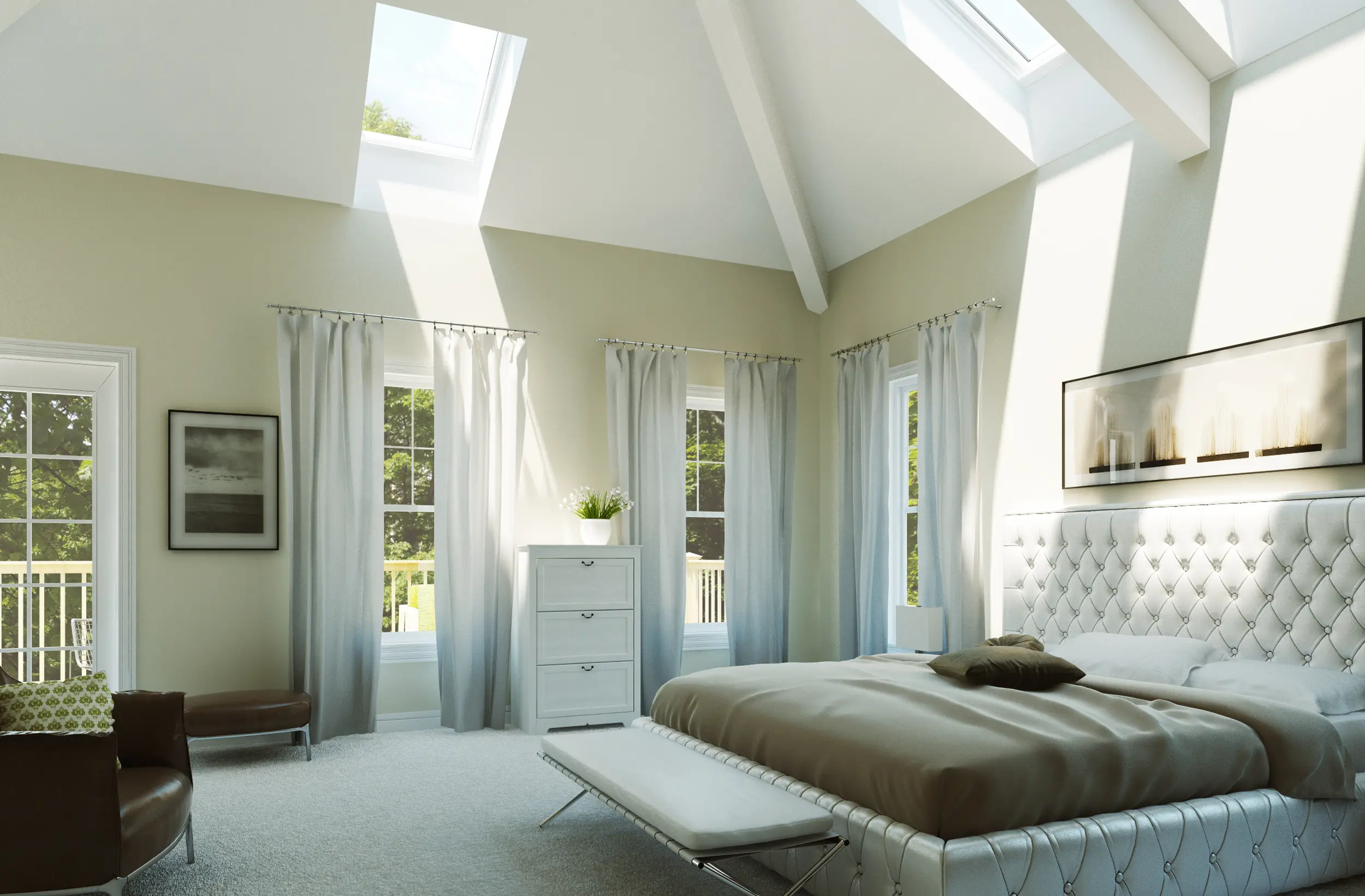 Dormitor elegant cu tavan înclinat și ferestre de mansardă VELUX, cu lumină naturală care pătrunde.
