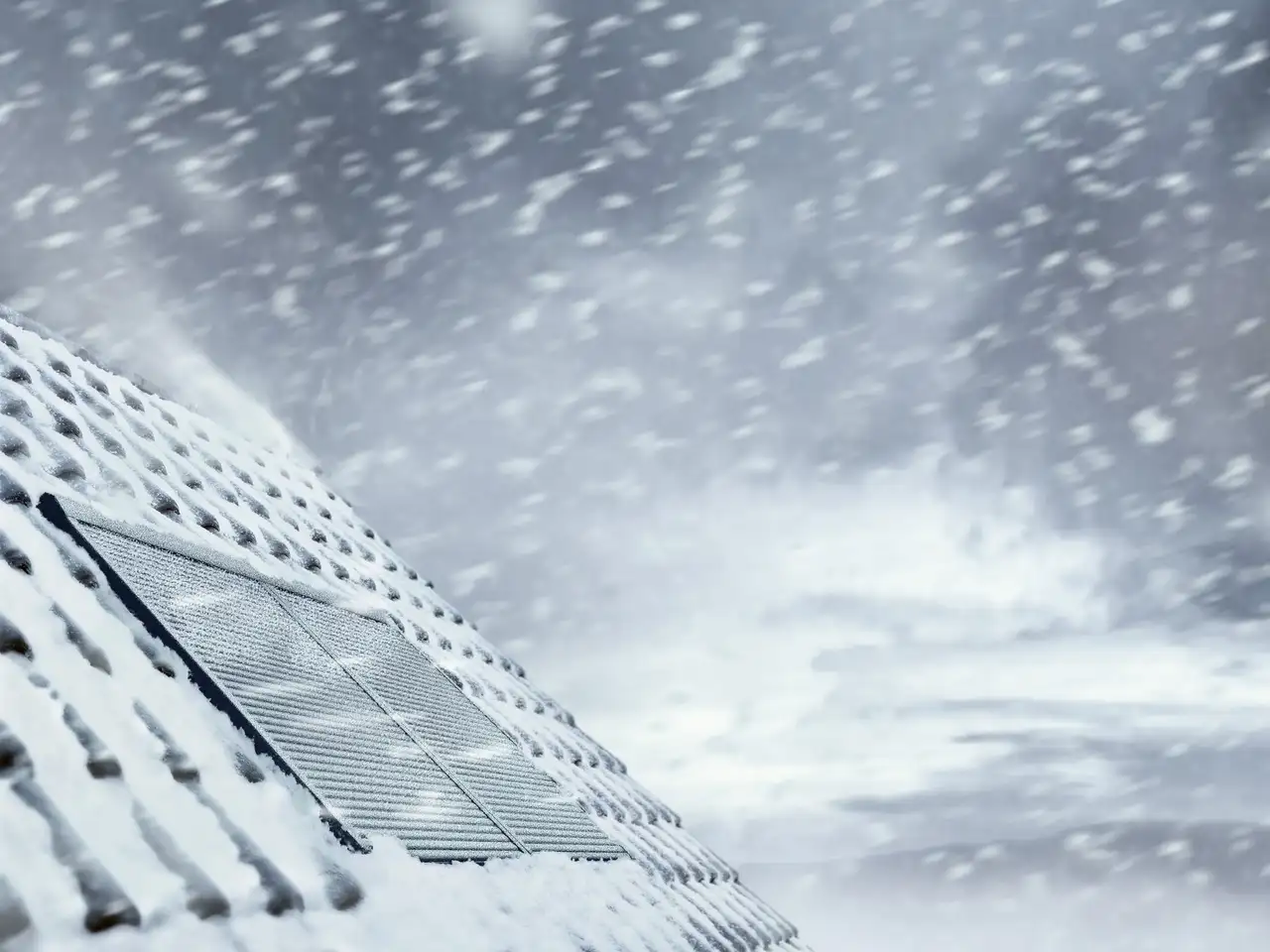 Tetto a falde con finestre per tetti VELUX e tapparelle chiuse durante una nevicata intensa 