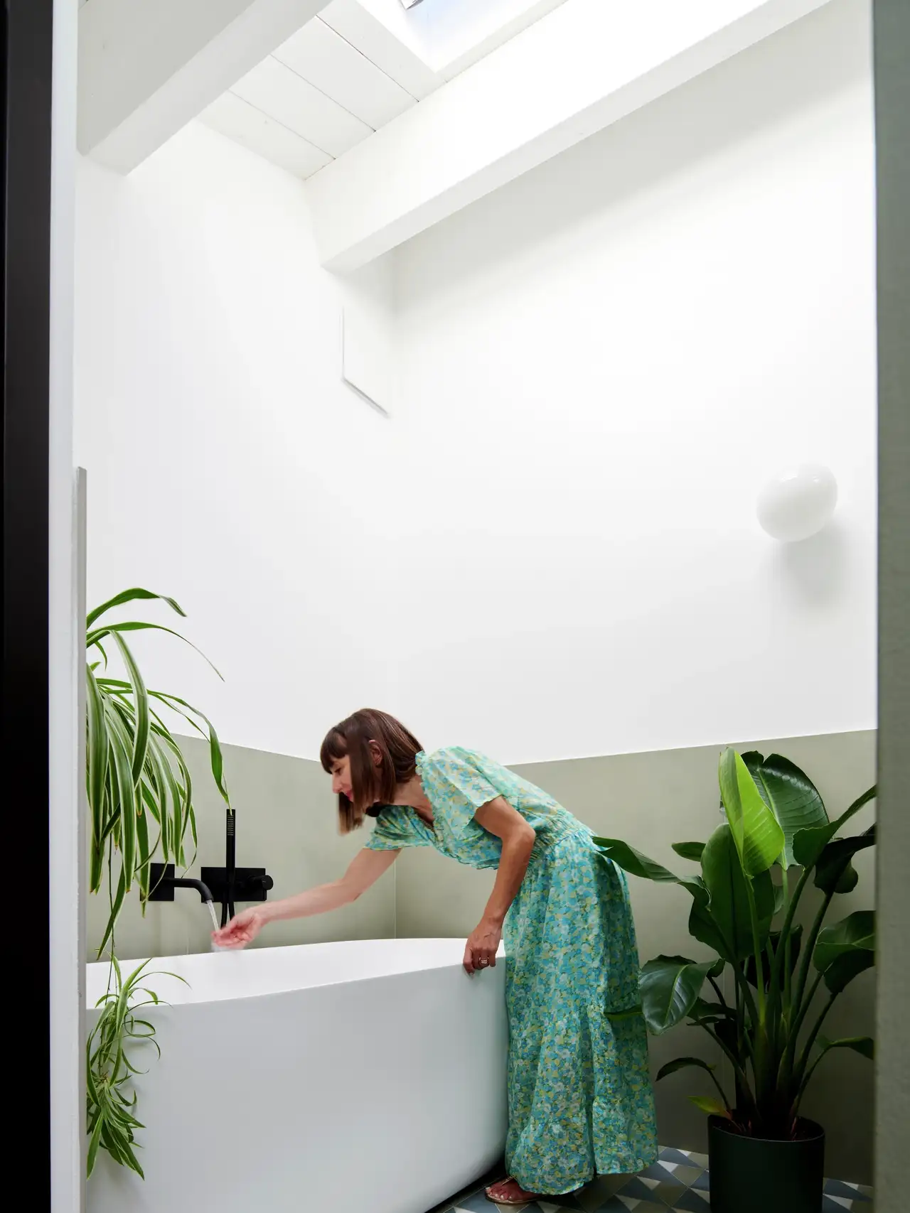 Piante verdi in vaso all’interno di un bagno illuminato da una finestra per tetti.