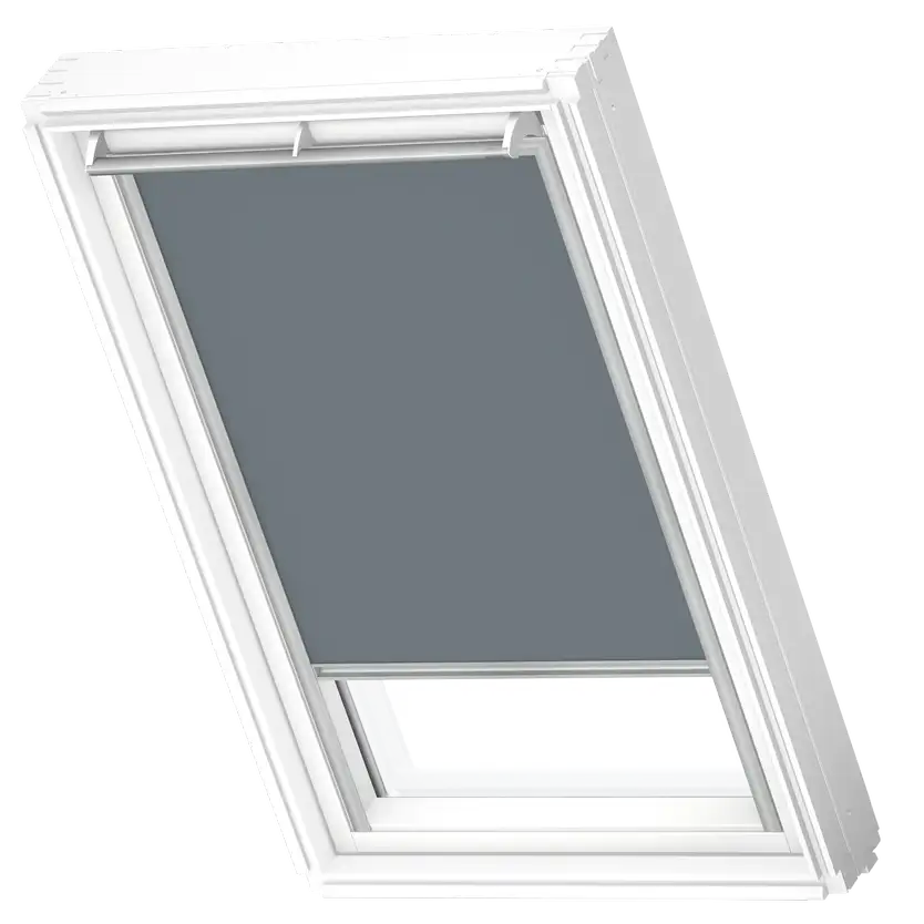 VELUX roof window with integrated blind for light control.