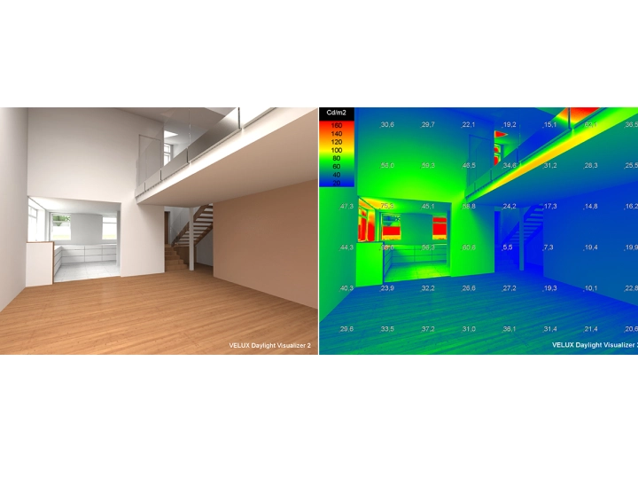 Open-plan living area with flat ceiling and VELUX roof window, daylight visualizer.