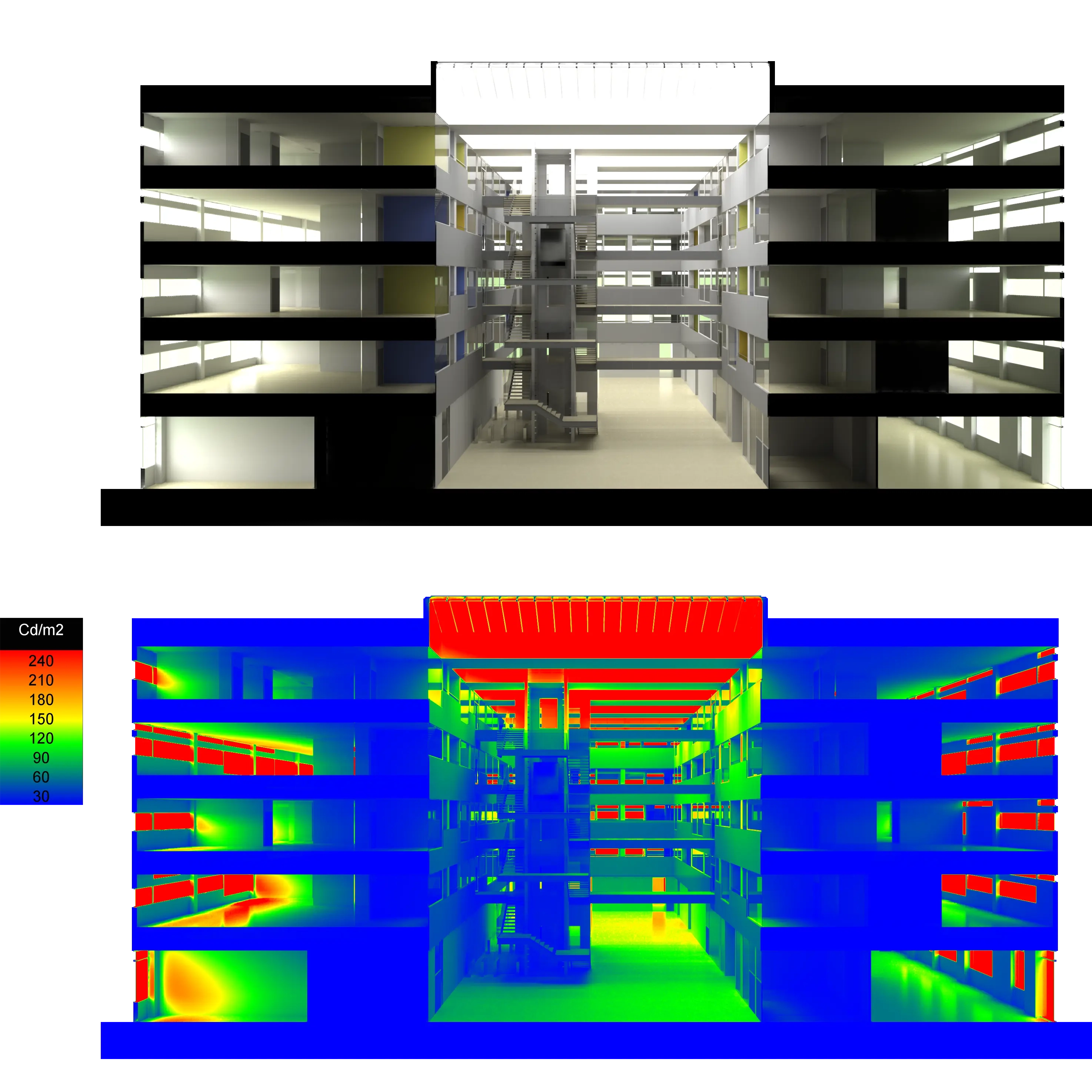 Cross-section of a building with light intensity analysis, showing interior layout.