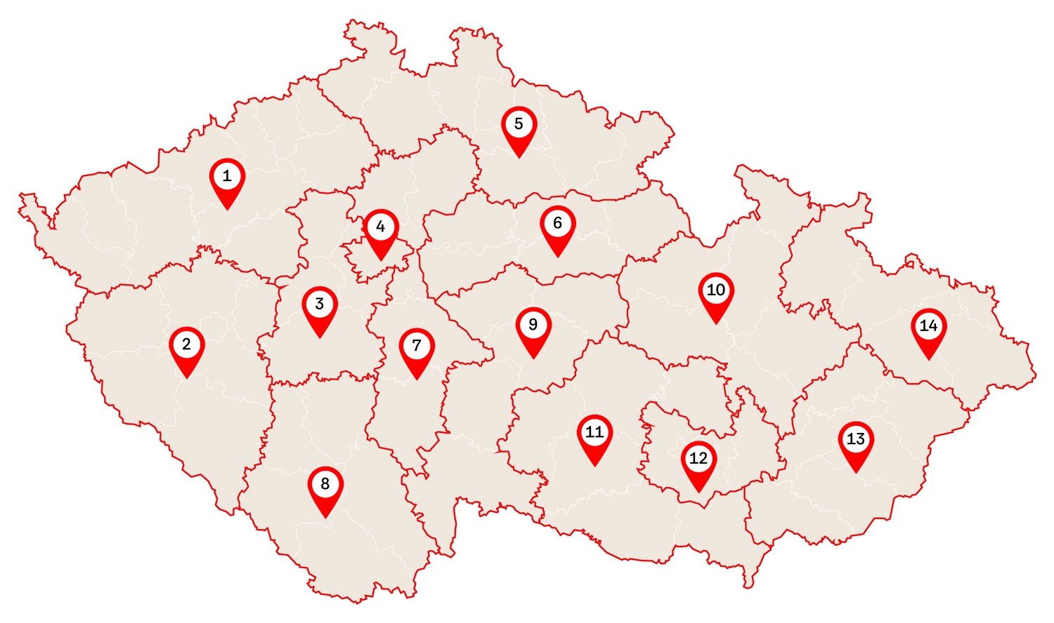 Map of Czech Republic with numbered region markers.
