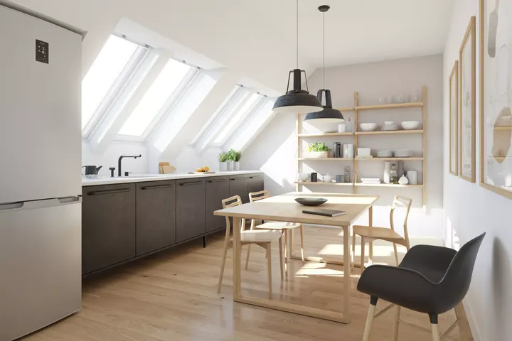 Nachher: Renovierte Design-Küche mit vielen Dachfenstern im Tageslicht | VELUX Magazin