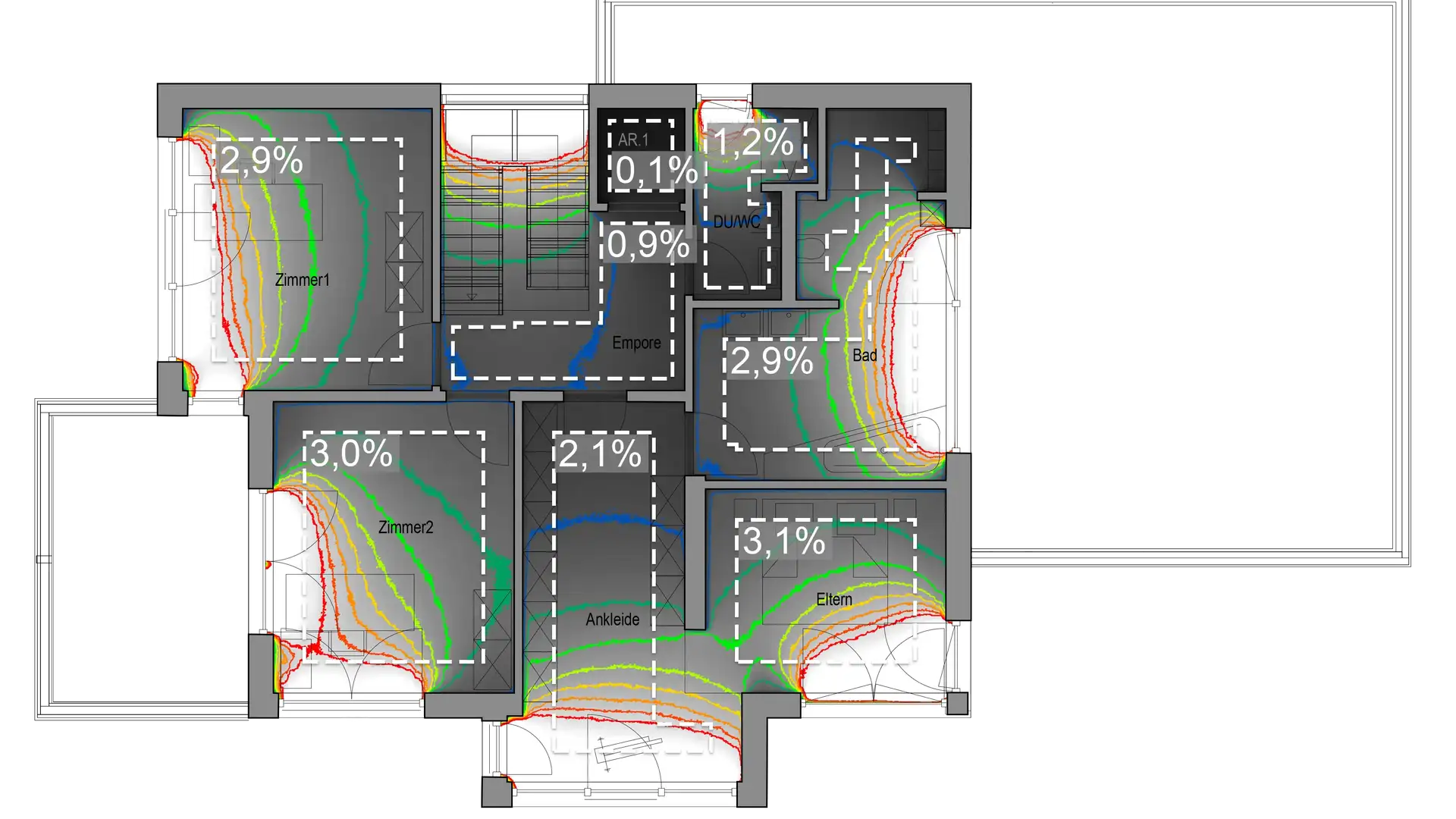 Ursprüngliche Konzept-Visualisierung des Tageslichteinfalls in ein Haus (Schnittzeichnung)