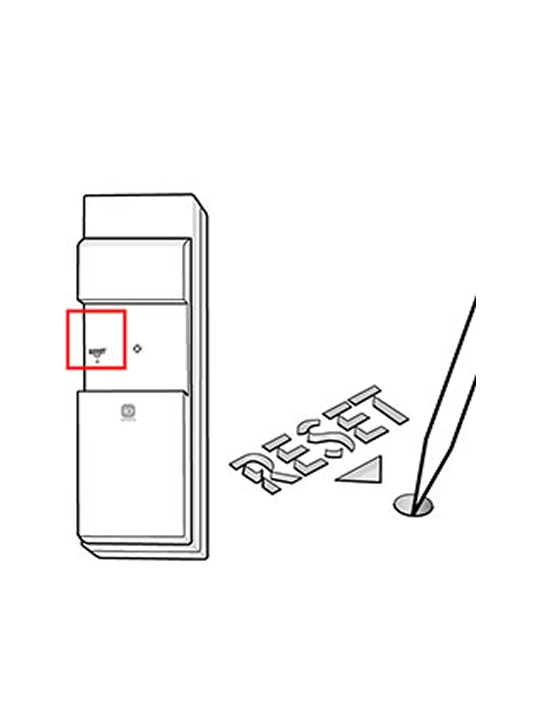 Illustration of a reset button on a device with instructions.