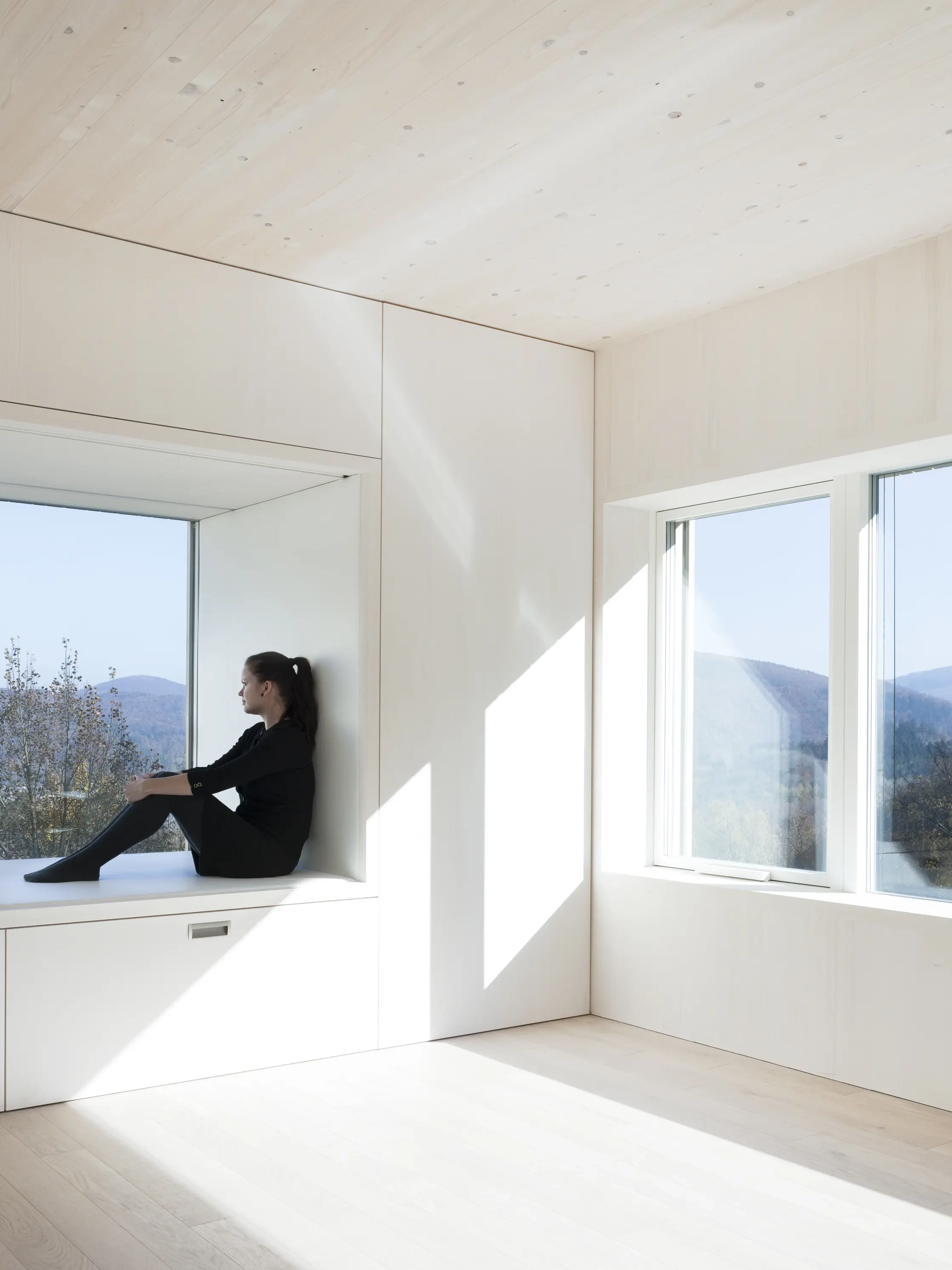 Minimalist room with large windows and mountain view, natural light filling the space.