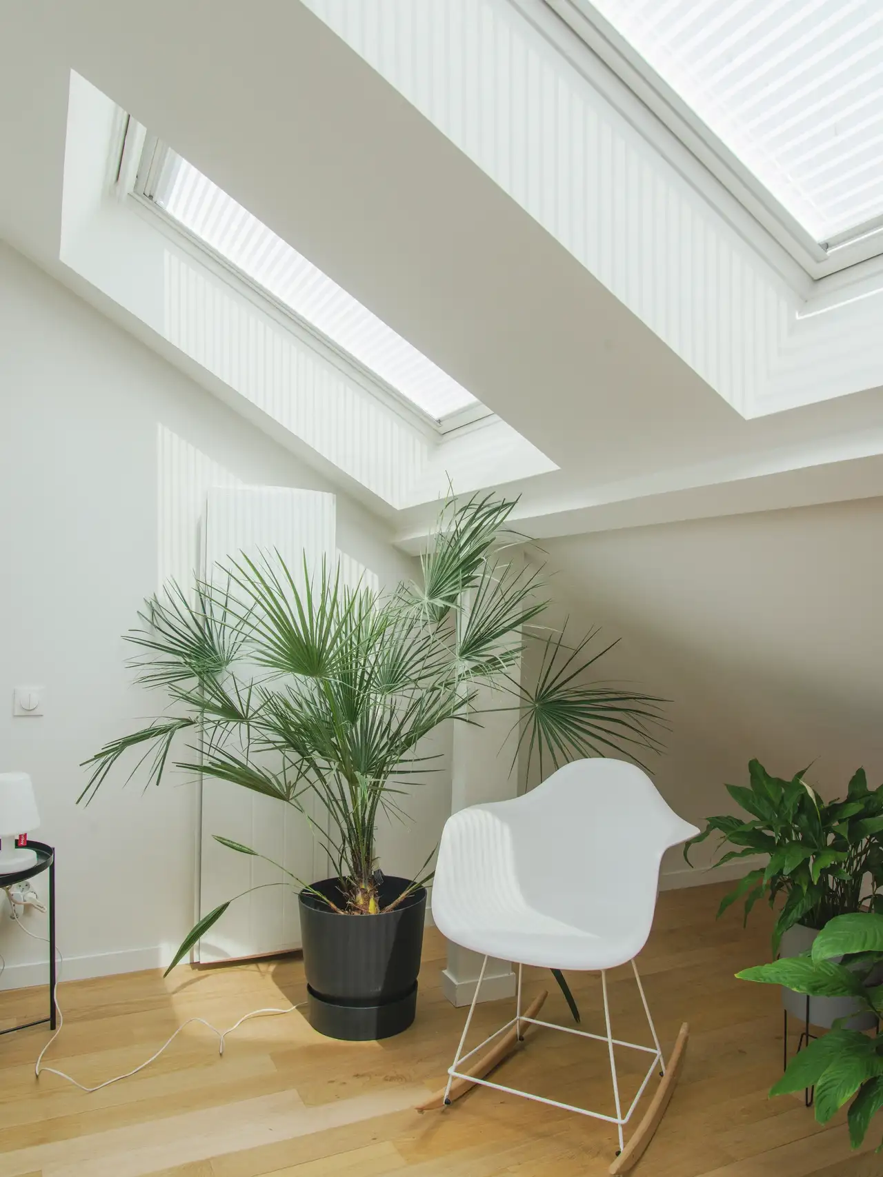 Attic room with VELUX roof windows, indoor plants and a white chair