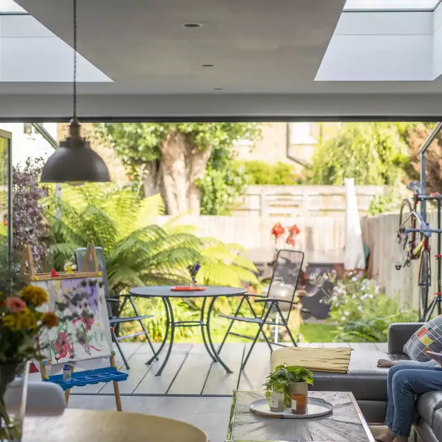 A kitchen extension with two opening rooflights
