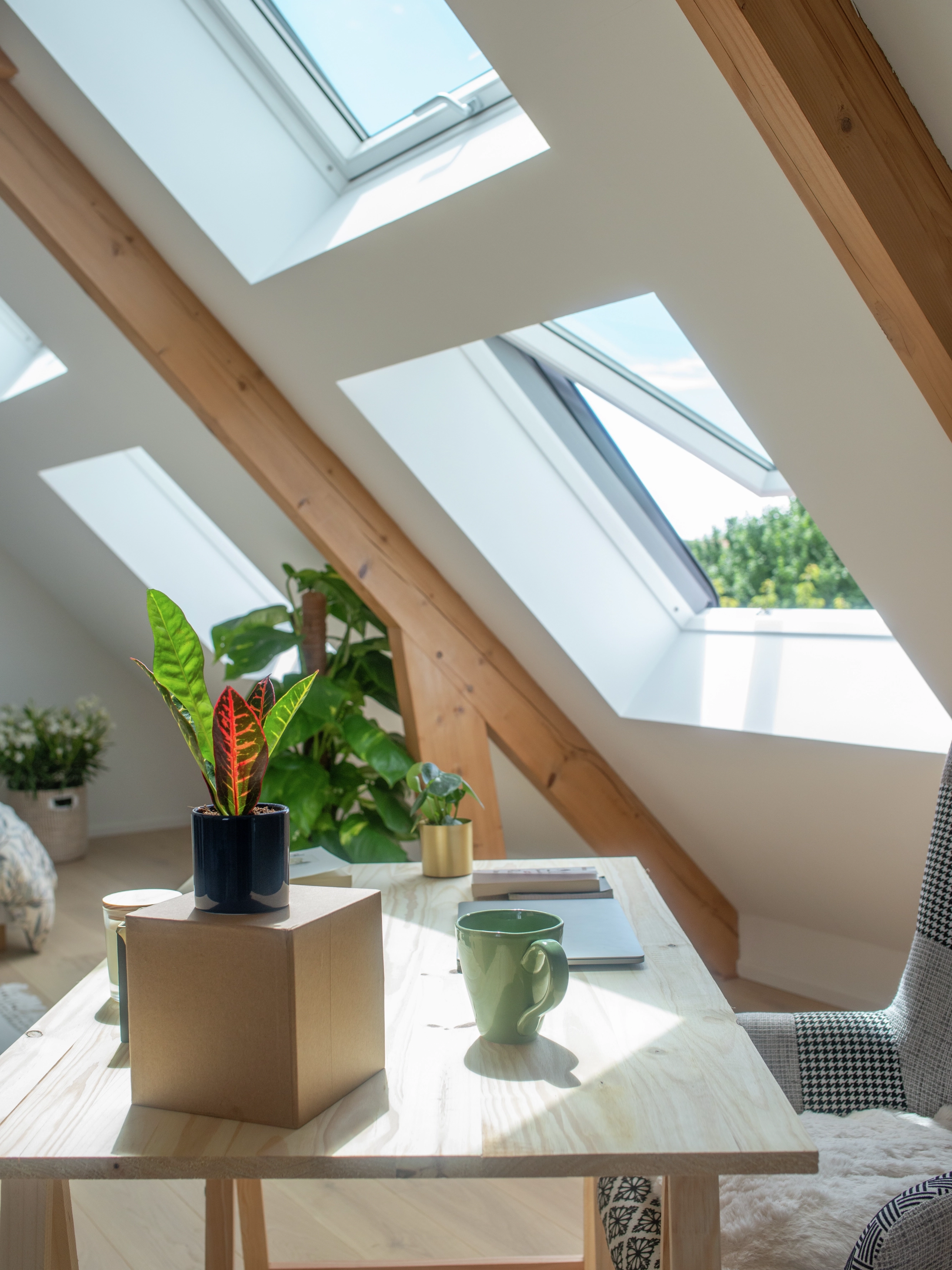 chambre sous combles lumineuse avec combinaison de fenêtres de toit VELUX ouvertes sous une charpente en bois