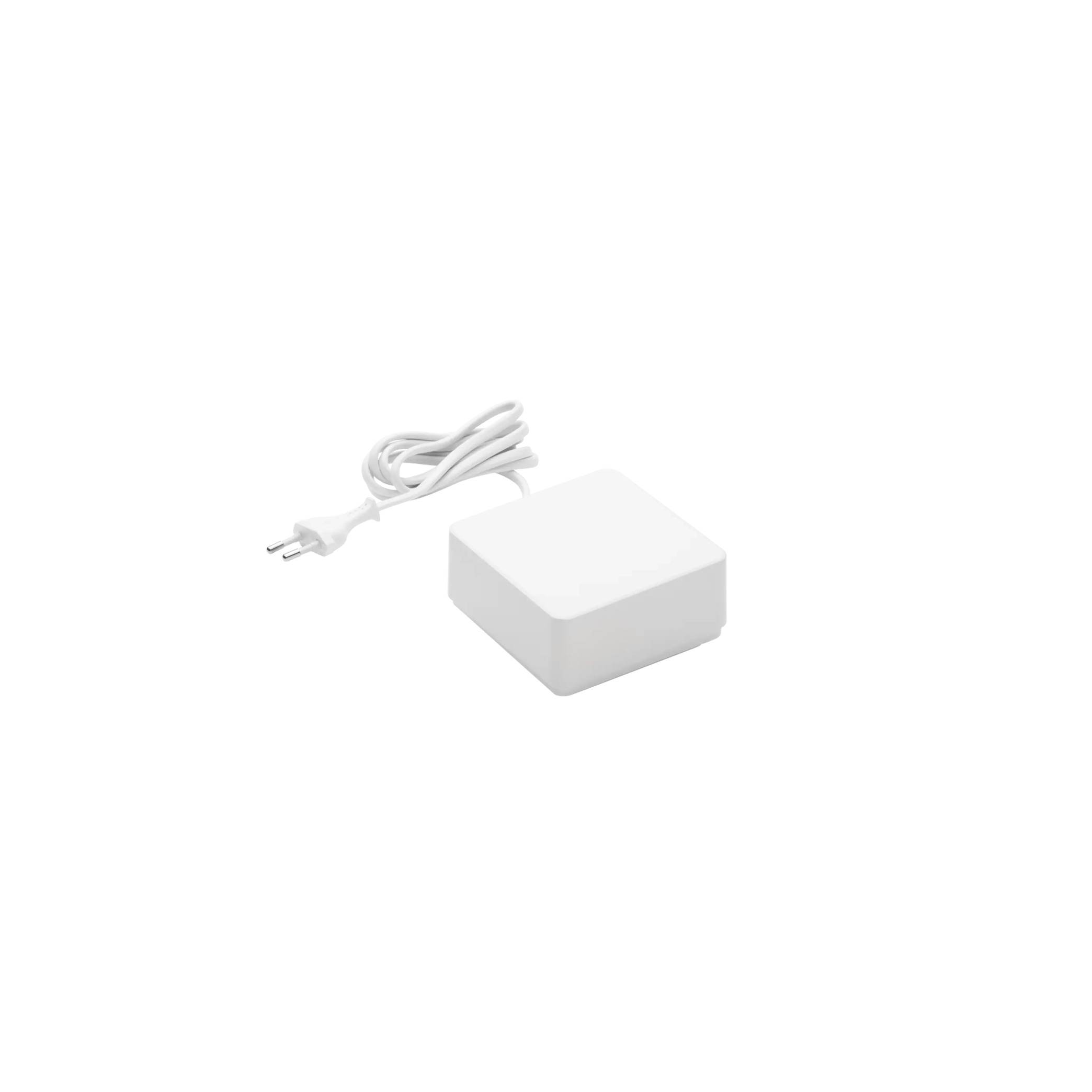 White power adapter with cable on plain background.