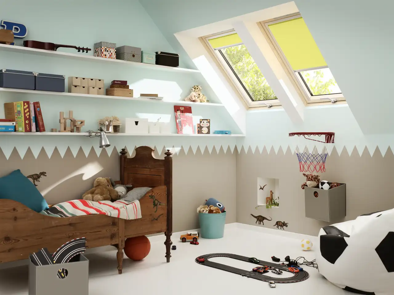 Chambre d'enfants avec pente de toit et fond d'écran coloré | Magazine VELUX