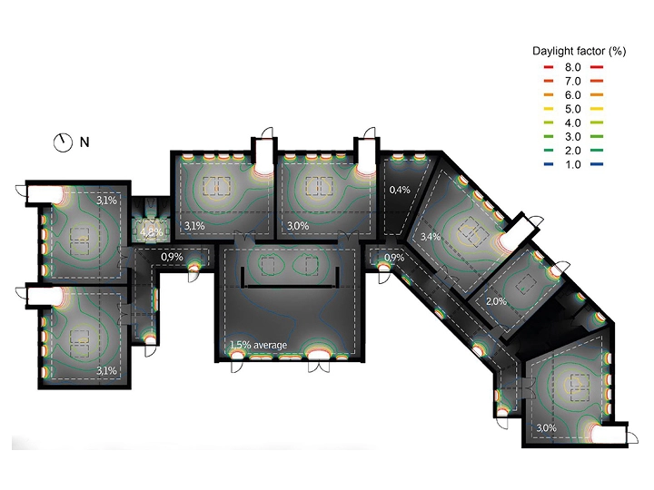 Floor plan showing daylight factor percentages in rooms, color-coded contours.