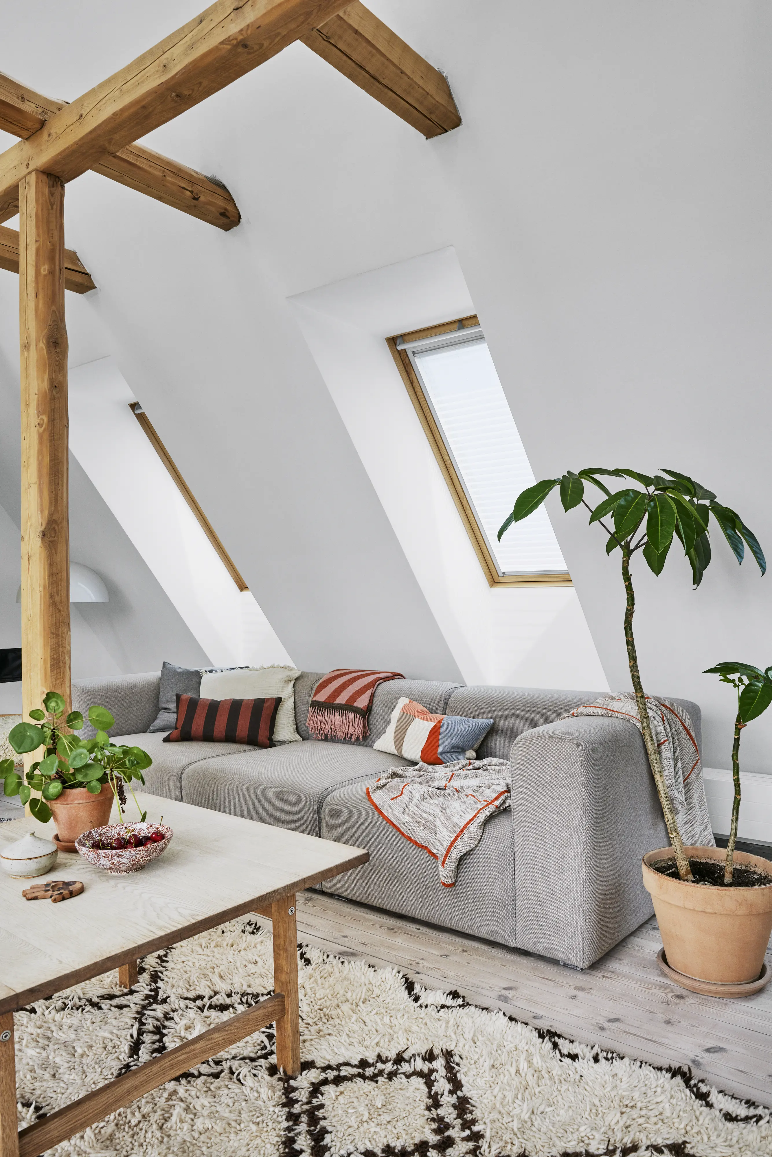 Dnevna soba u potkrovlju sa kosim plafonom, sofom i VELUX krovnim prozorima.