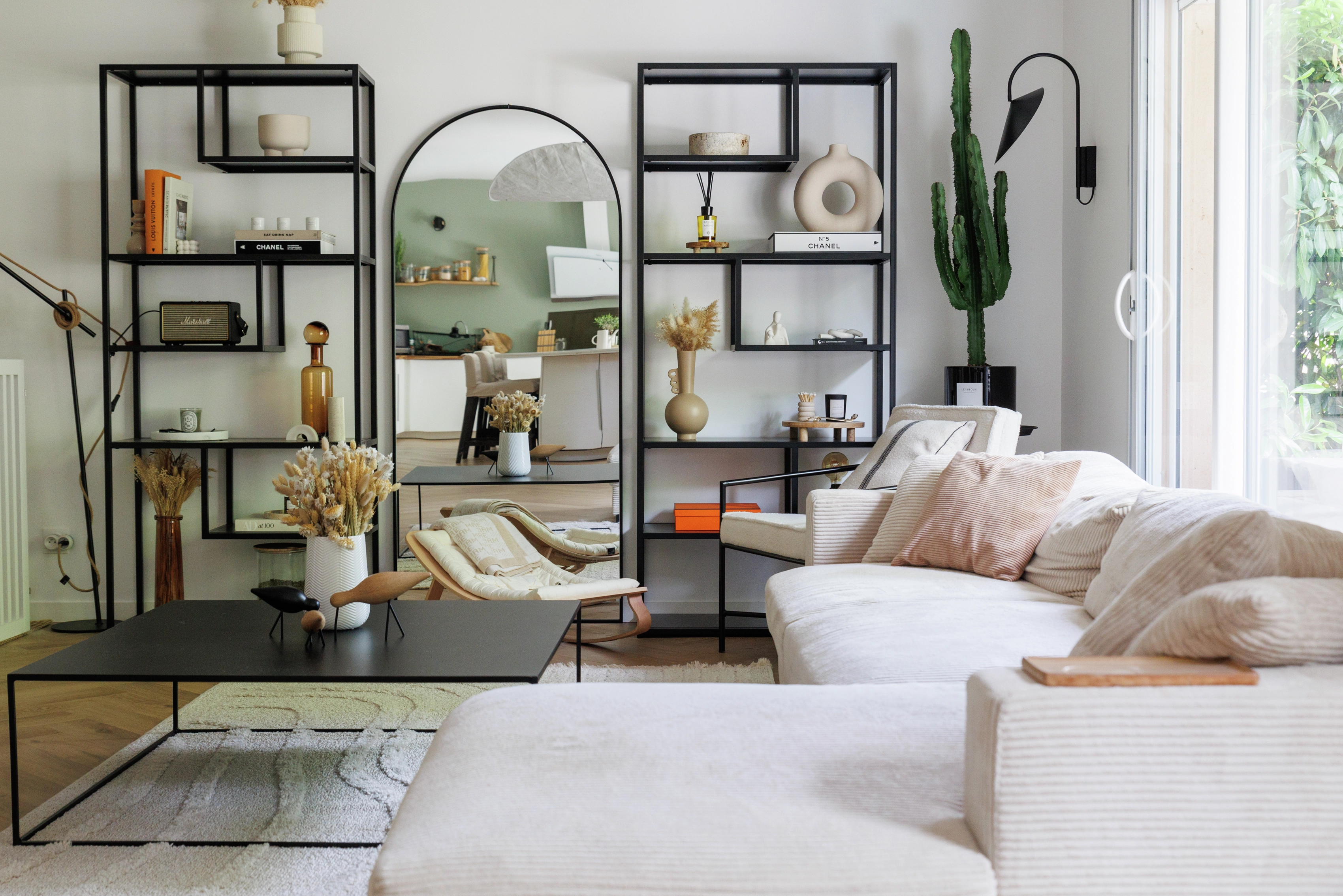 Salon moderne avec canapé blanc, étagères noires, objets décoratifs et plantes d'intérieur.