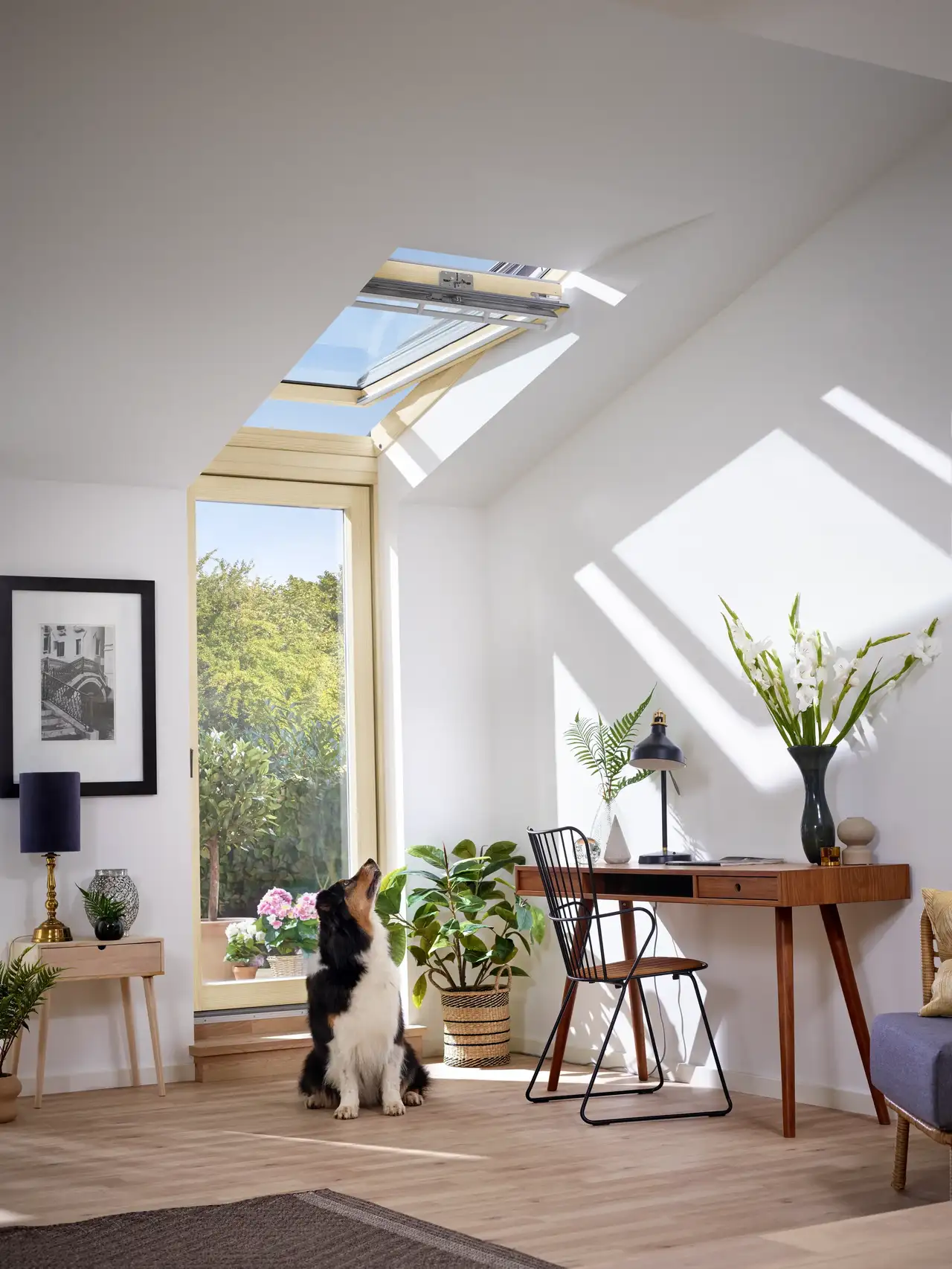Attic home office with open VELUX roof window, dog sitting near desk