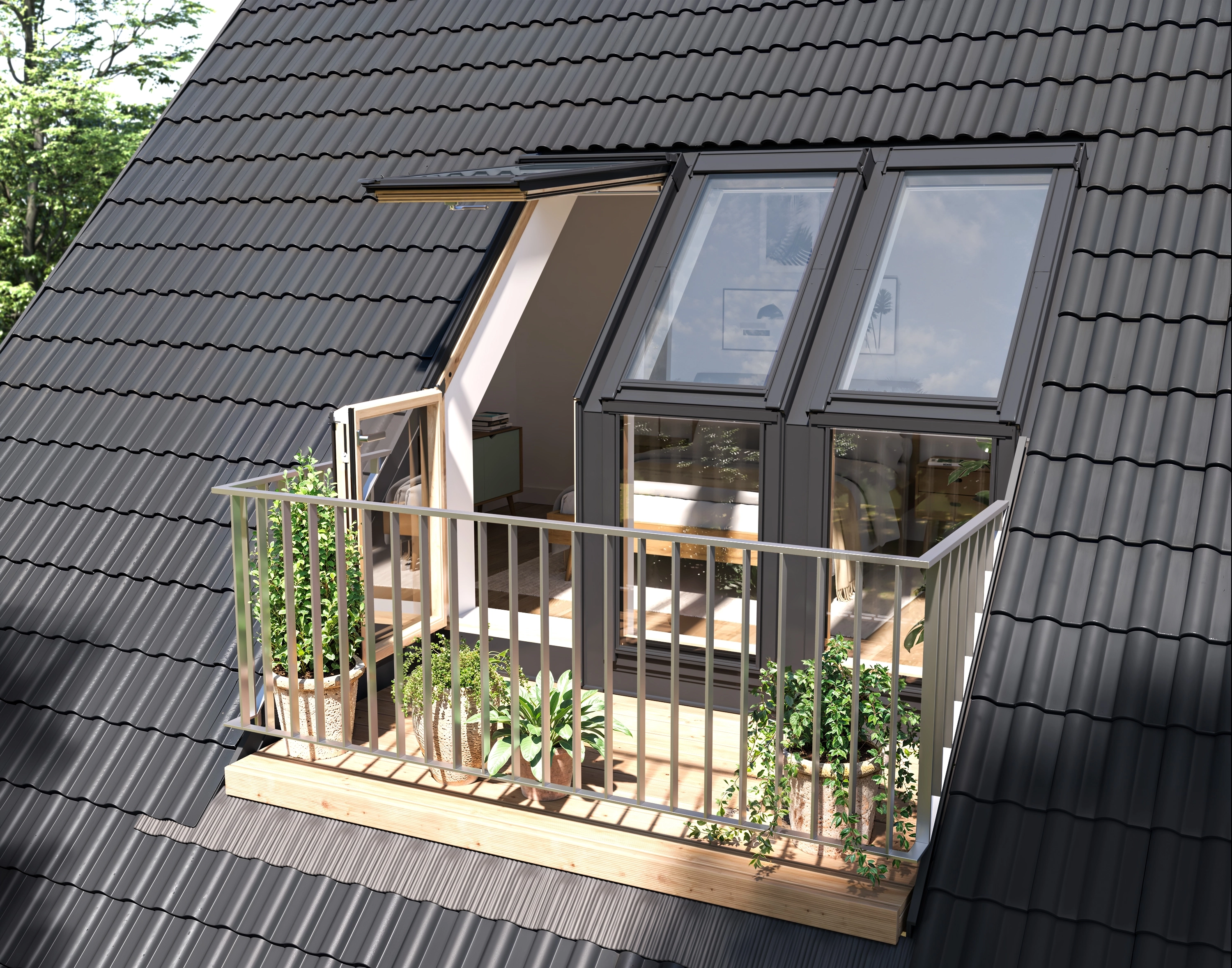 Strešná terasa VELUX ponúka reálny východ do vonkajšieho priestoru priamo z podkrovnej izby