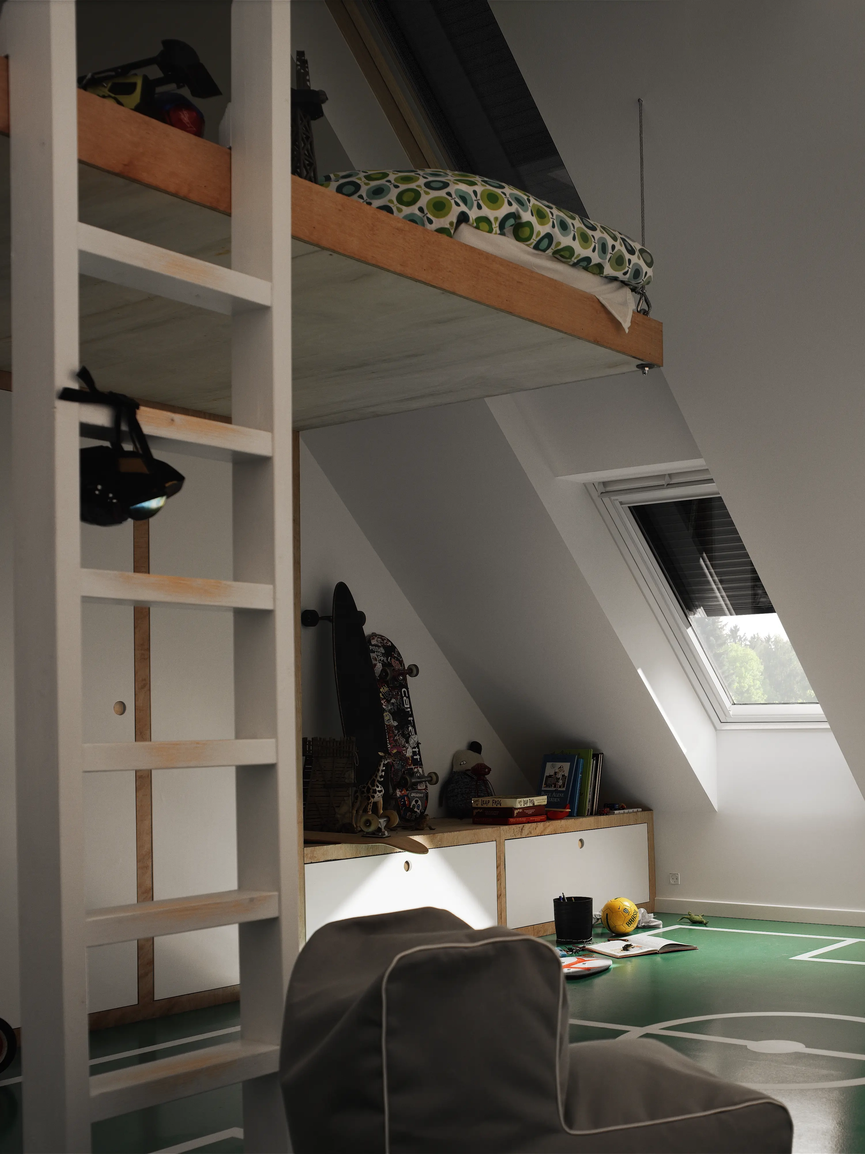 Attic teenage room with loft bed, skateboard, and VELUX roof window.