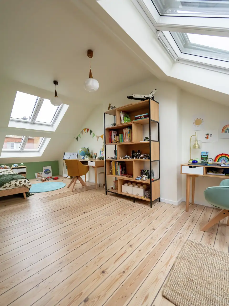 Chambre sous les toits avec plusieurs fenêtres de toit en vis-à-vis