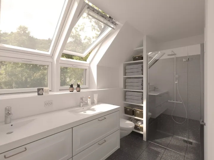 Modernes Badezimmer im Dachboden mit VELUX-Fenstern und begehbarer Dusche.