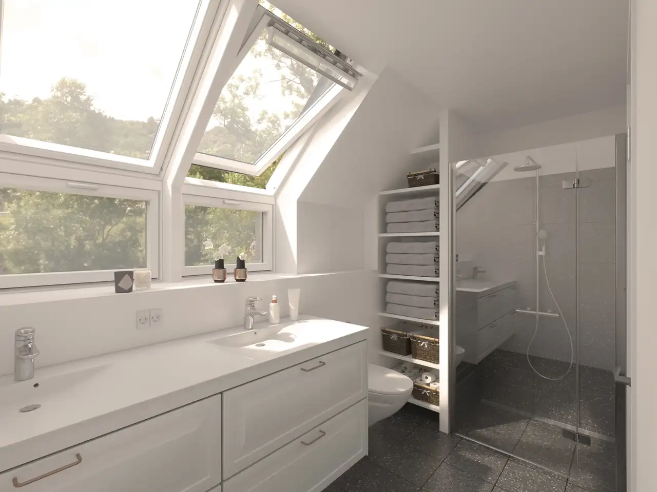 Bagno sotto il tetto spiovente con cabina doccia, pavimento scuro e grande finestra frontale | Rivista VELUX