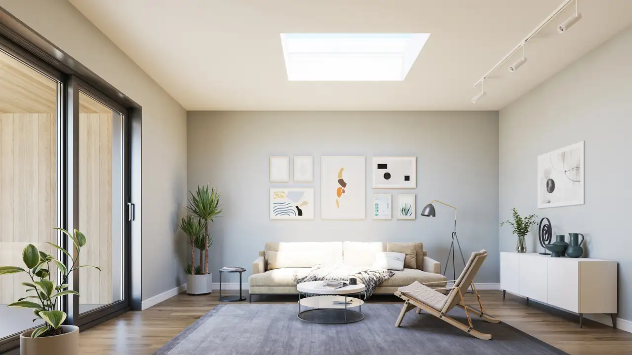 Grande soggiorno con finestra per tetti piani VELUX, grande finestra verticale, soffitto bianco e pareti grigio chiaro