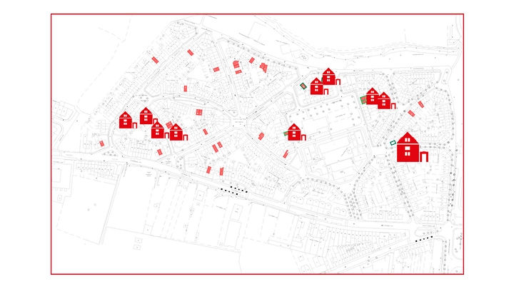 Map layout of residential area with buildings marked in red.