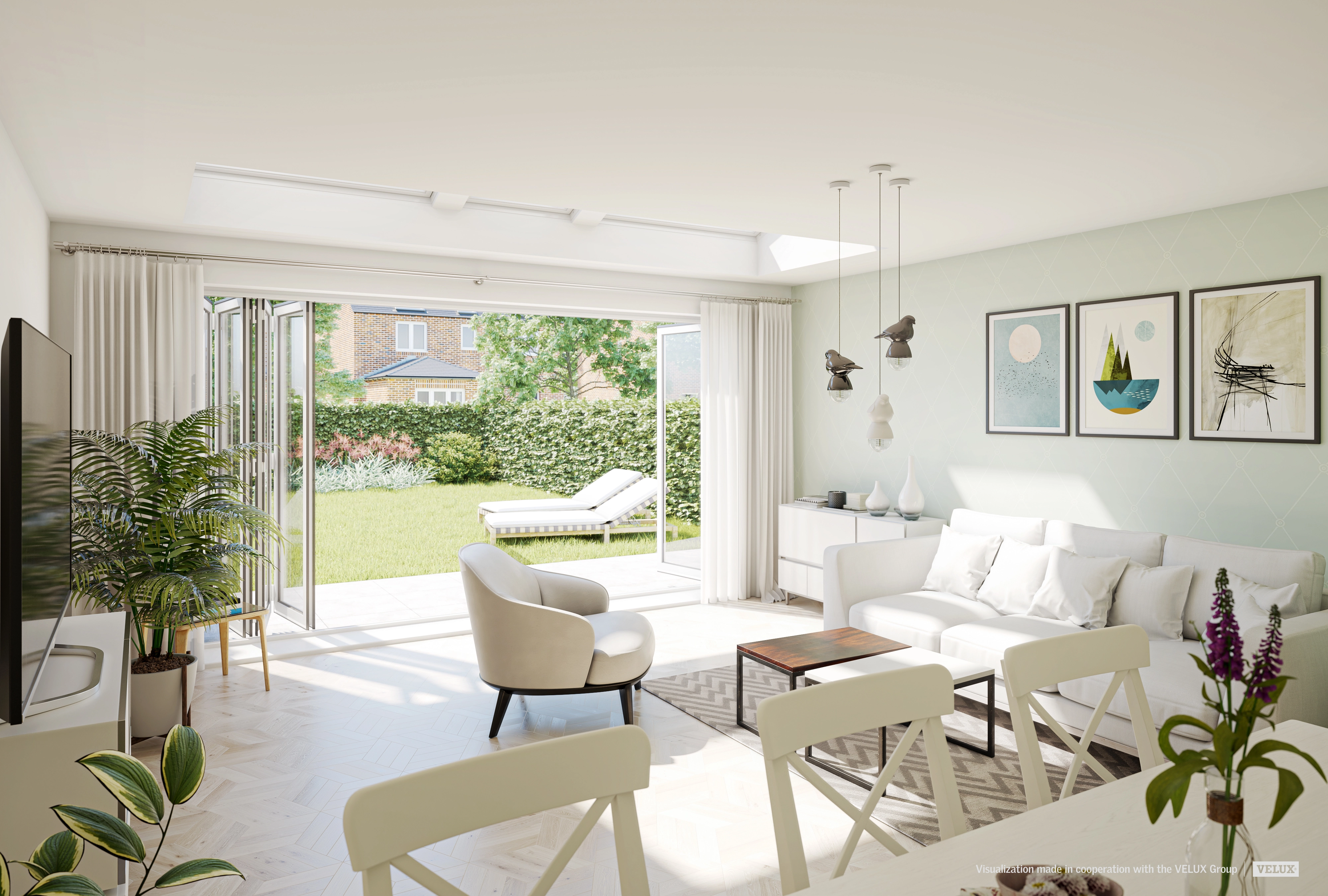 Obývacia izba s výhľadom do záhrady, strešným oknom VELUX a moderným zariadením.
