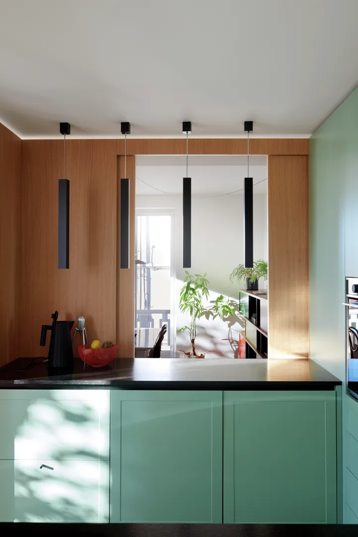 Moodne köök puitpaneelide, roheliste kappide ja tumeda tööpinnaga. Aknast tulev loomulik valgus toob esile minimalistliku valgustuse ja taustal olevad taimed. | VELUX
