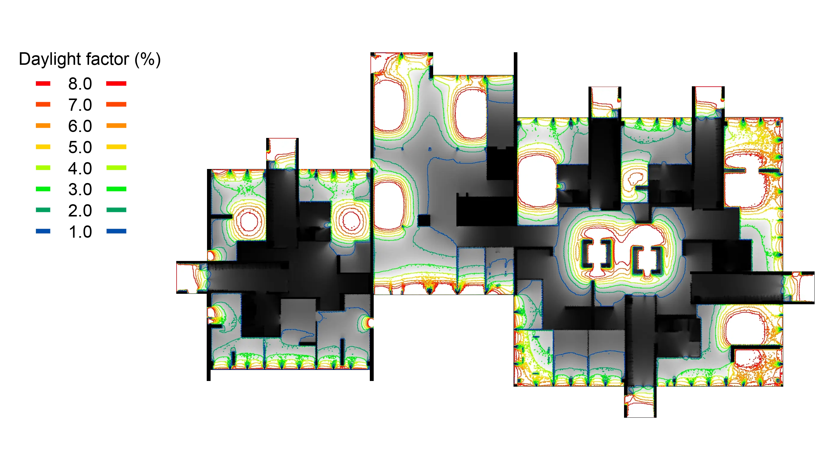 Daylight factor analysis map showing light distribution in building layout.