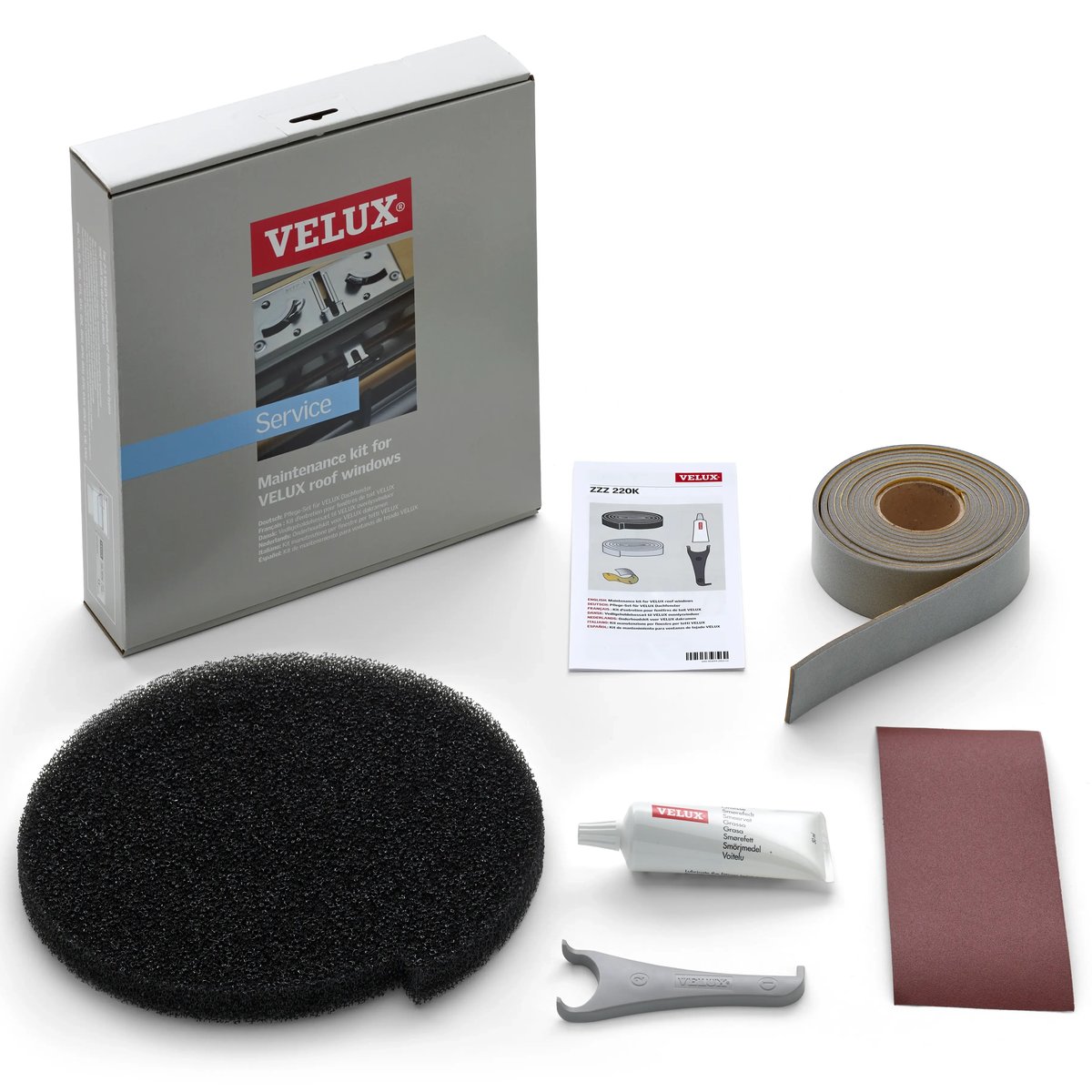 VELUX roof window maintenance kit with tools and materials for upkeep.