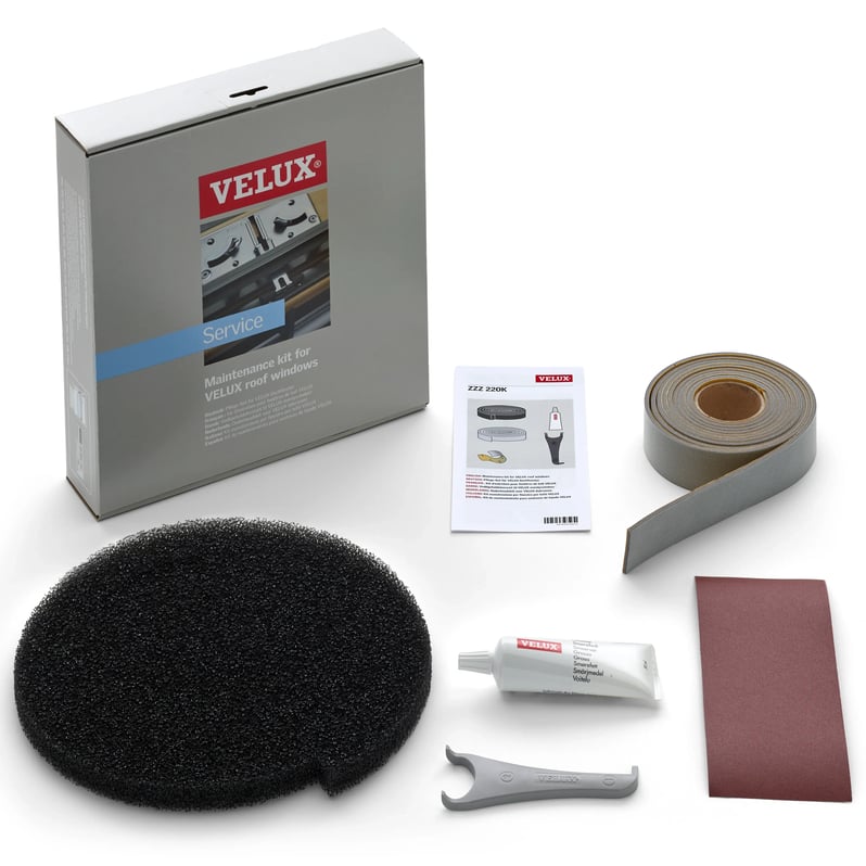 VELUX roof window maintenance kit with tools and materials for upkeep.