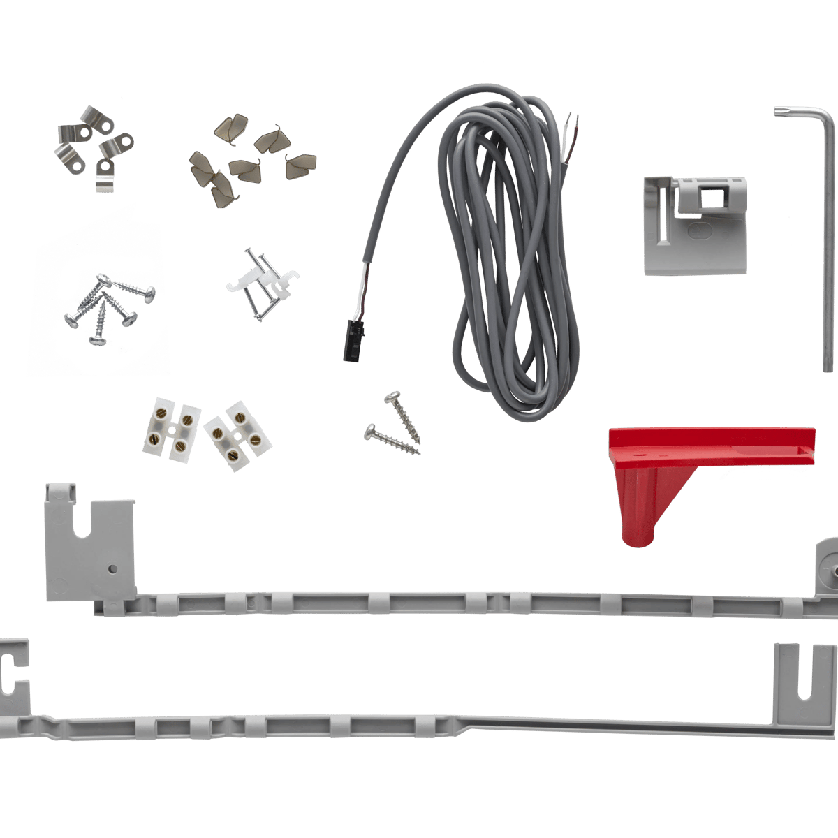 VELUX roof window installation kit with screws, brackets, and wiring.