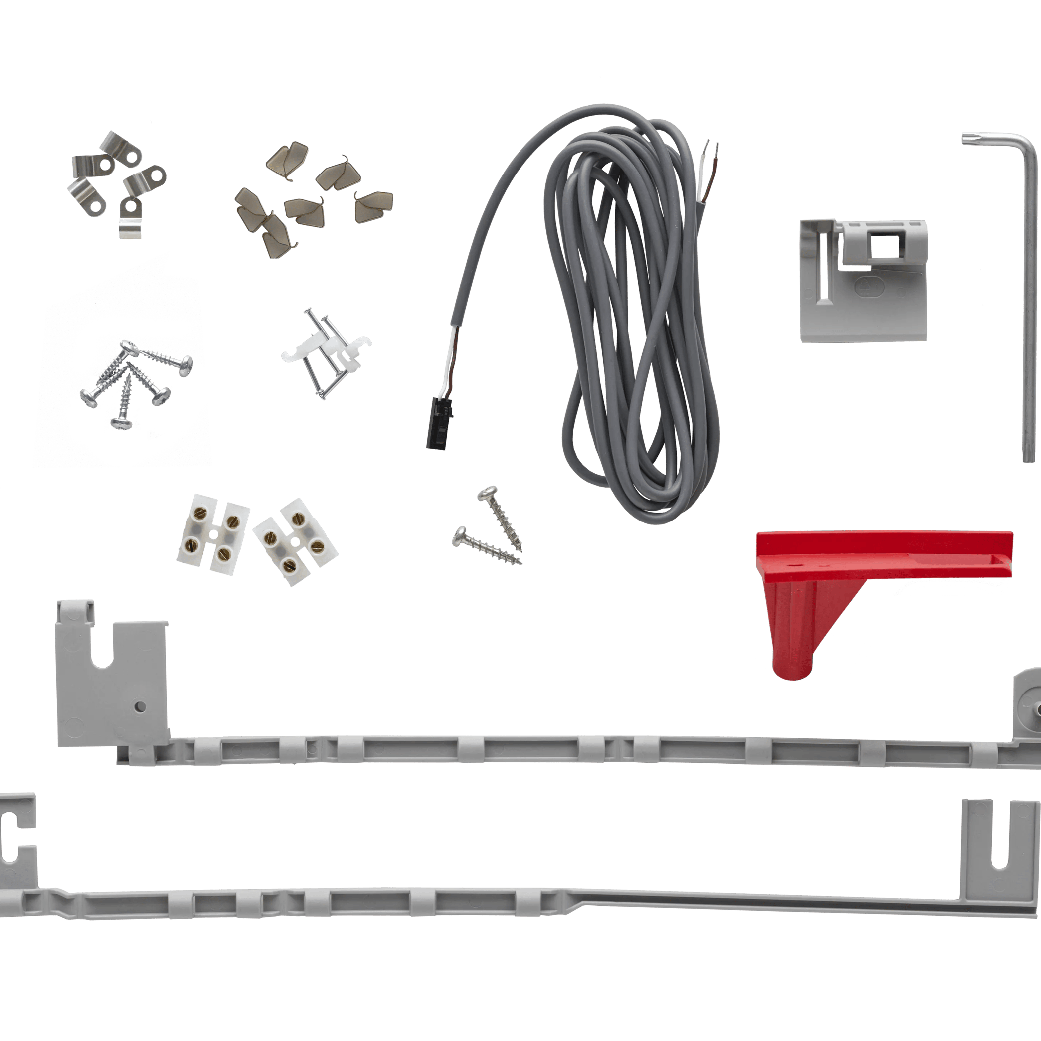 VELUX roof window installation kit with screws, brackets, and wiring.