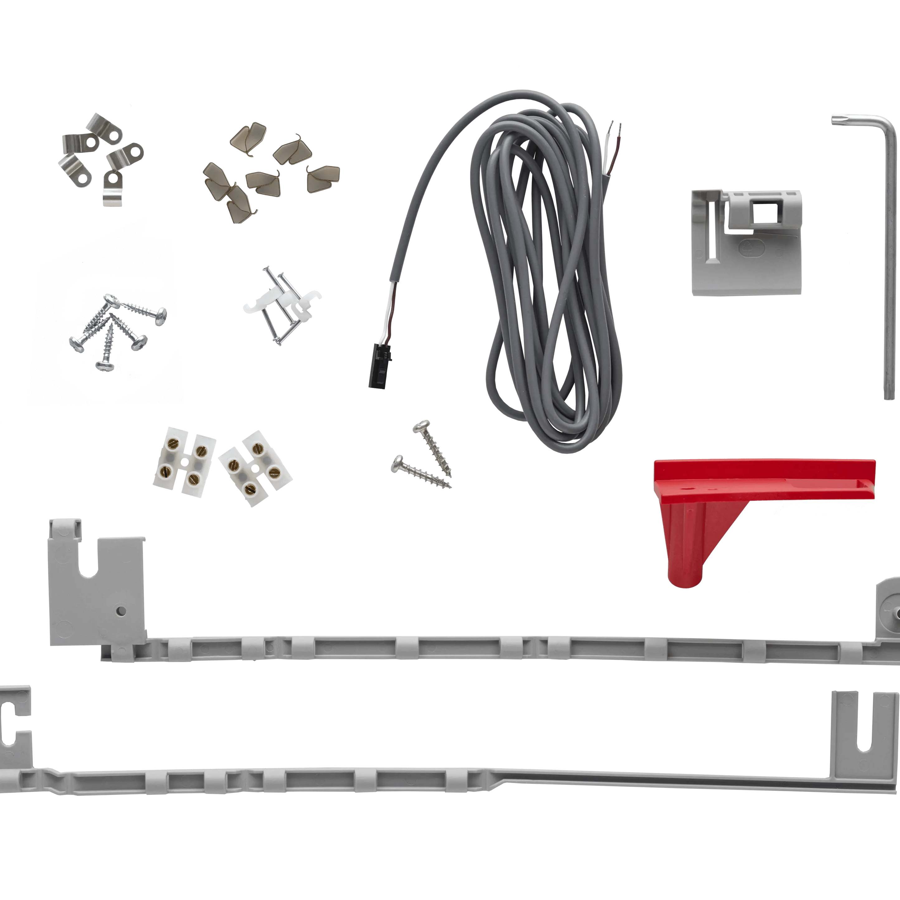 VELUX roof window installation kit with screws, brackets, and wiring.