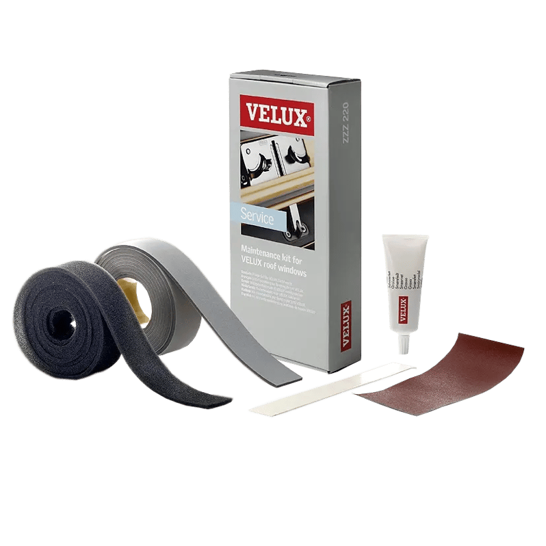 VELUX roof window maintenance kit with sealing strips and lubricant.
