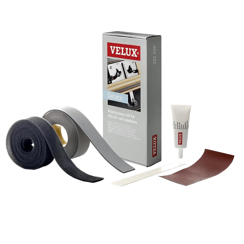 VELUX roof window maintenance kit with sealing strips and lubricant.