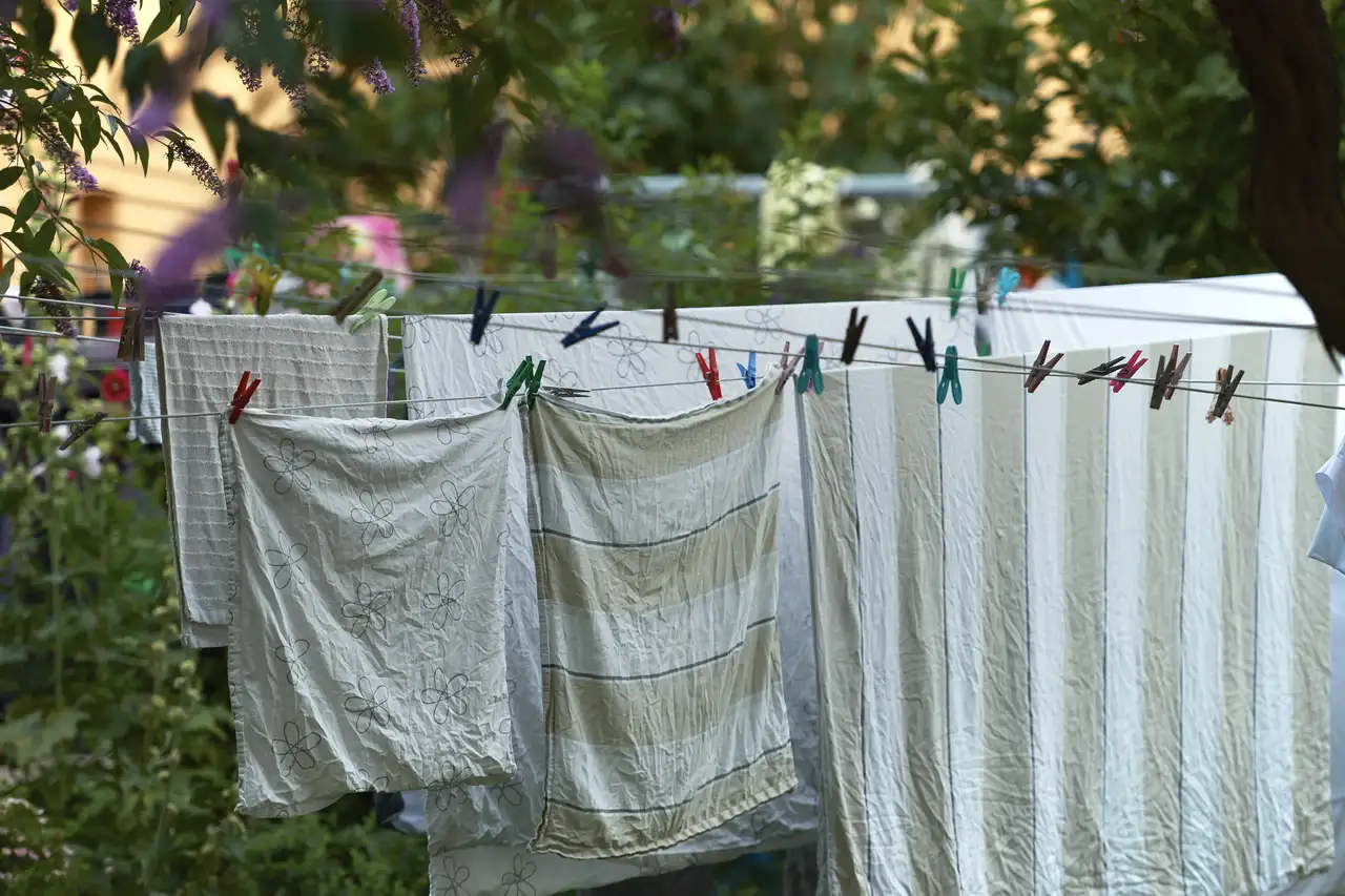 Een rij wasgoed hangt buiten te drogen, inclusief verschillende witte items die zijn vastgezet met wasknijpers. De achtergrond suggereert een tuin of groene ruimte, wat duidt op een huiselijke scène die waarschijnlijk bij daglicht is genomen.