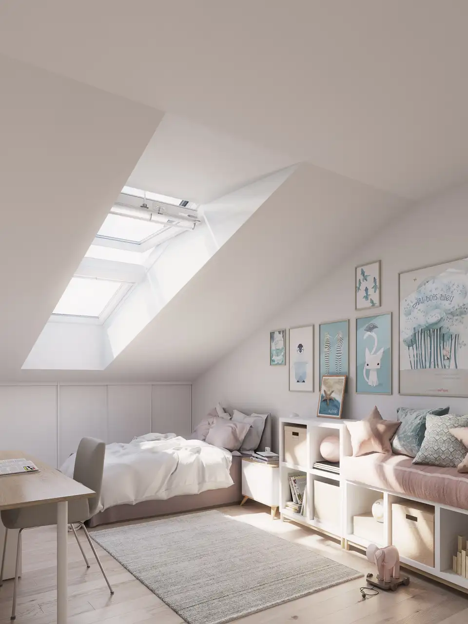 Chambre sous combles éclairés et ventilée naturellement par une fenêtre de toit VELUX