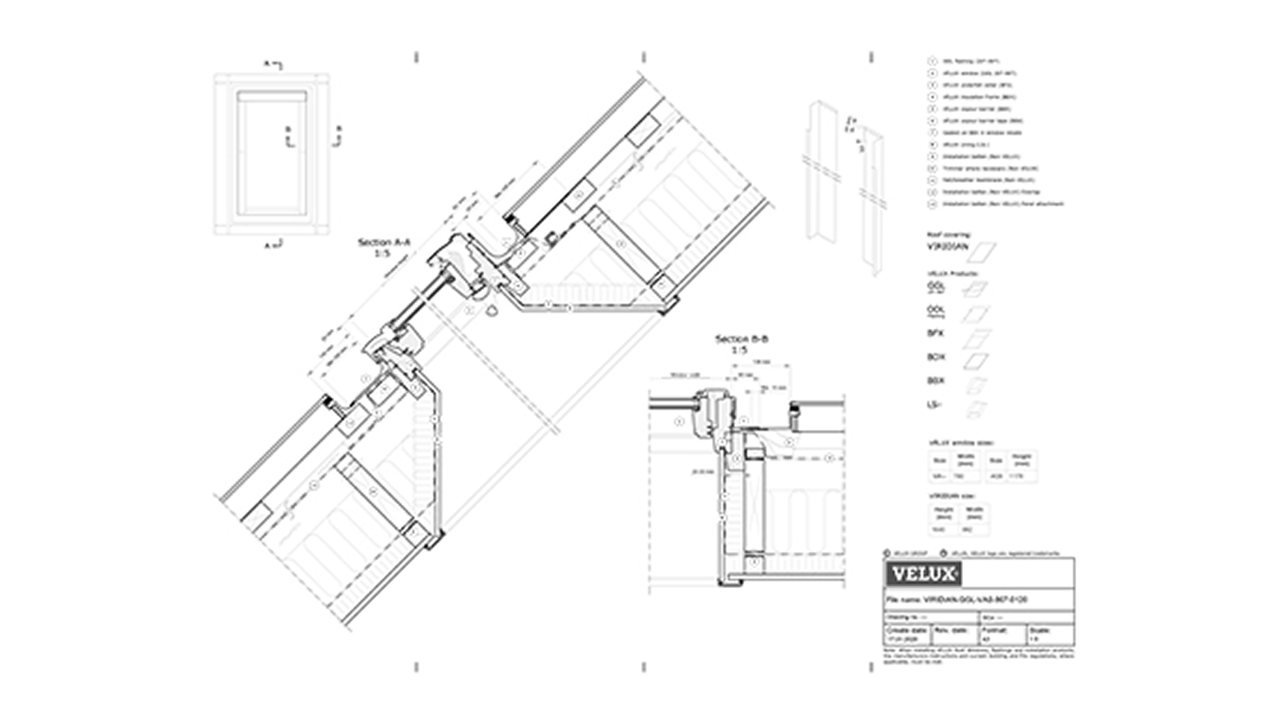 Technical drawing of VELUX roof window installation.