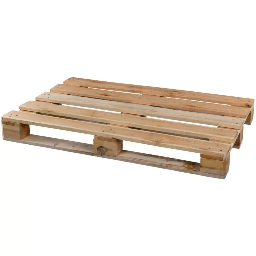 Unfinished wooden pallet made from light timber planks on white background