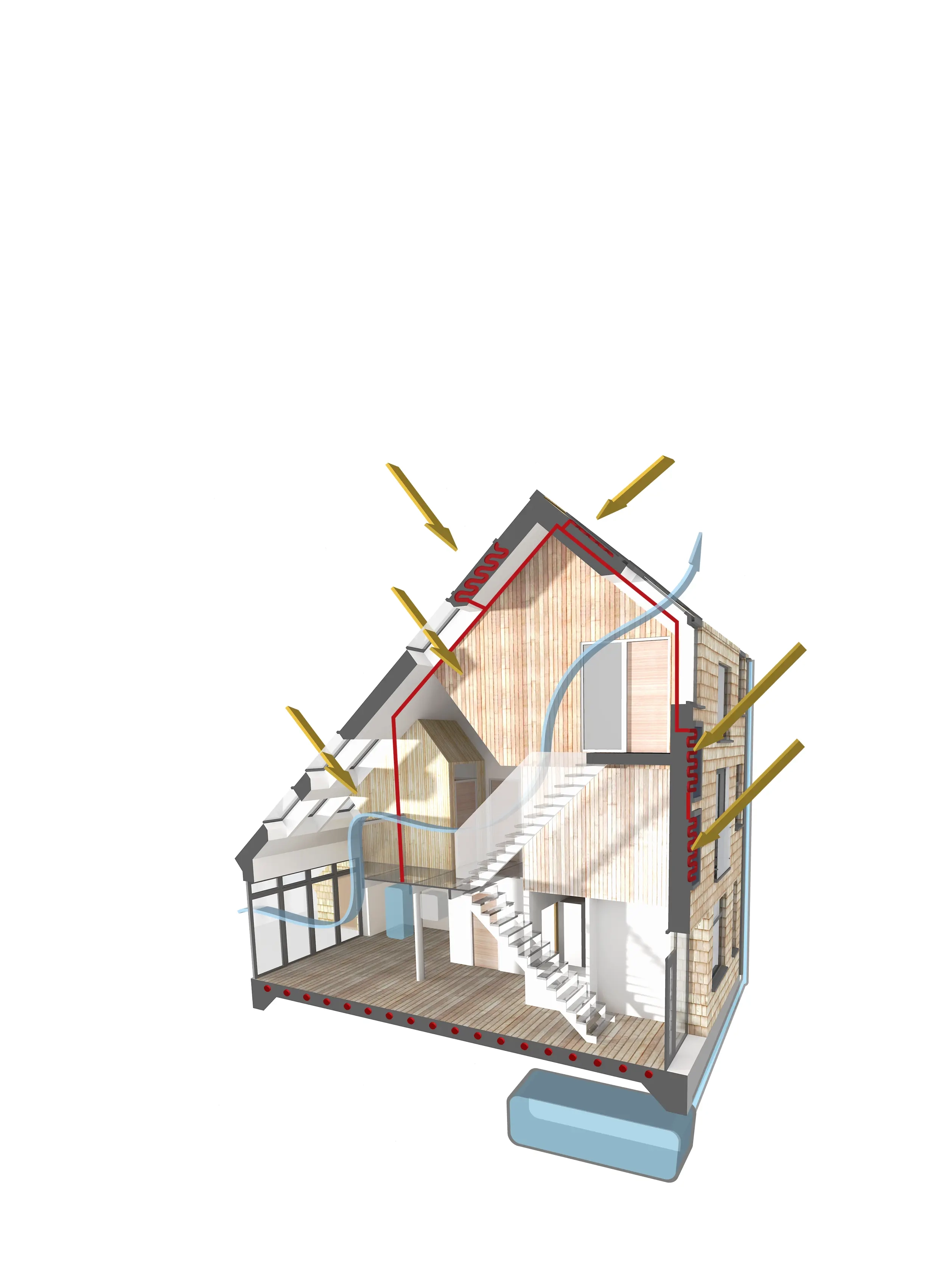 Cross-section of a house showing airflow and insulation design.